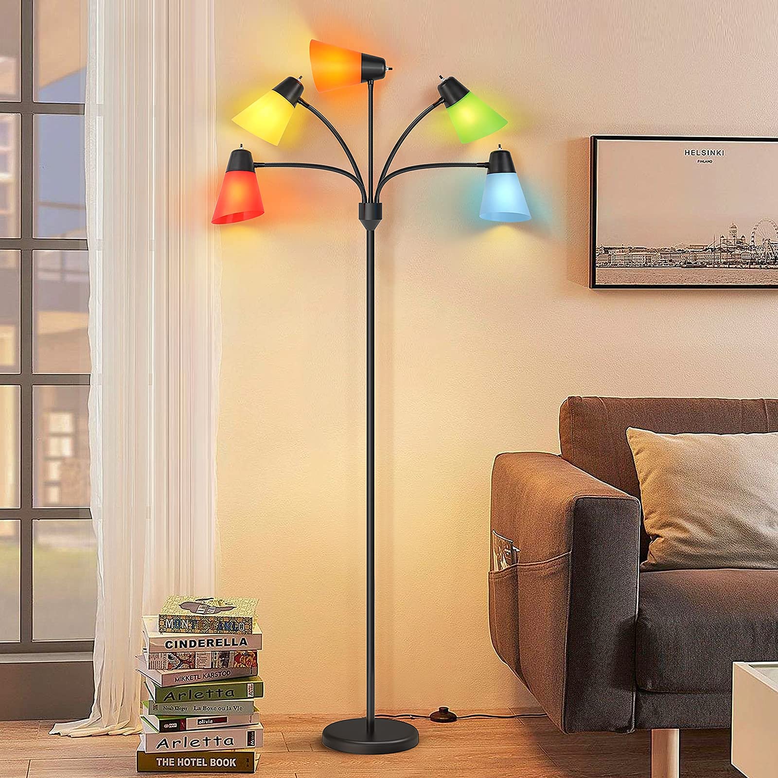 FOLKSMATE 5-Head LED Floor Lamp - Modern Adjustable Tall Standing Light with Rustic Black Finish for Living Room, Bedroom & Office Decor