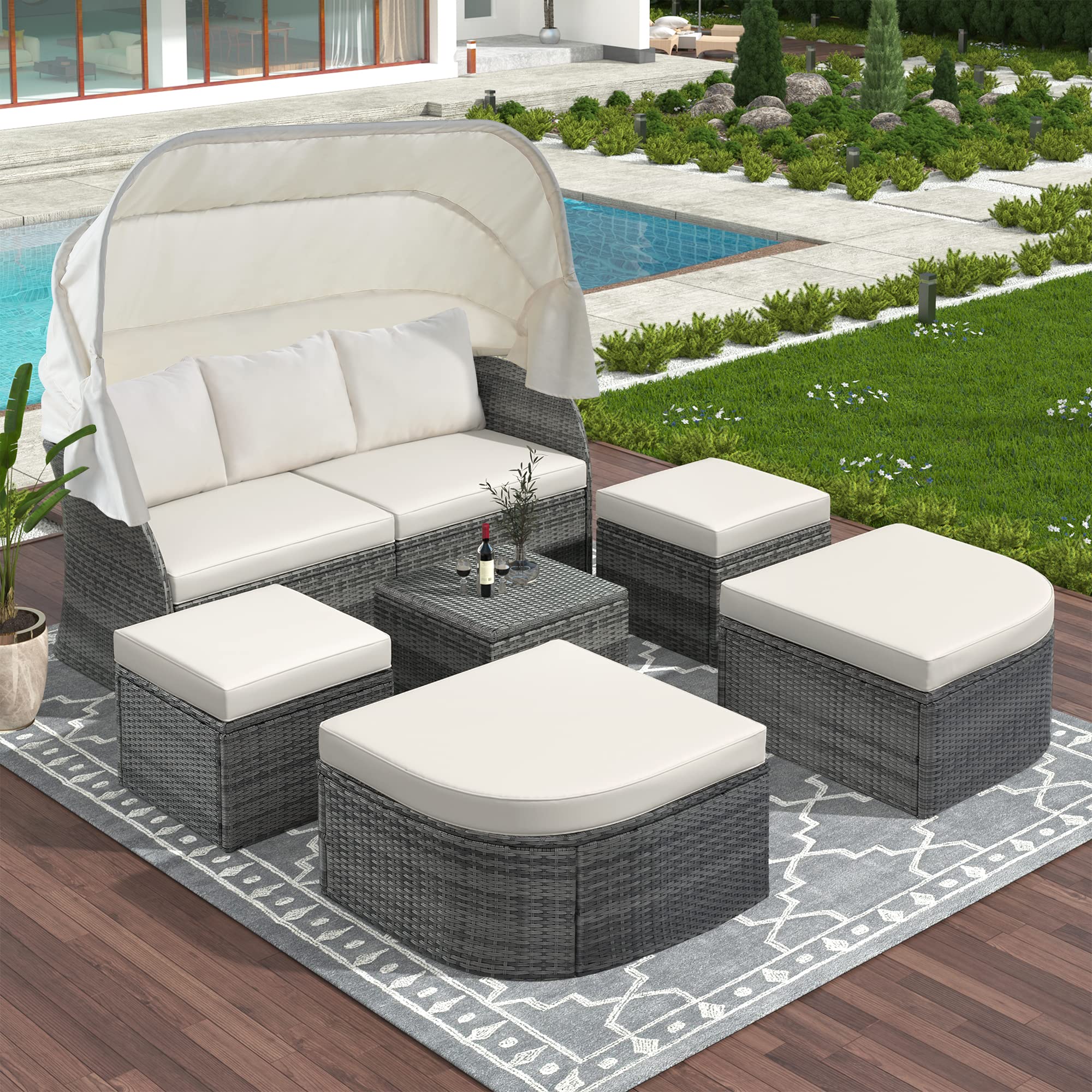 GLORHOME Outdoor Rattan Daybed with Retractable Canopy - Rectangle Sunbed Furniture with Washable Cushions - Convertible Sectional Sofa Set for Patio, Poolside & Backyard Relaxation (Beige)