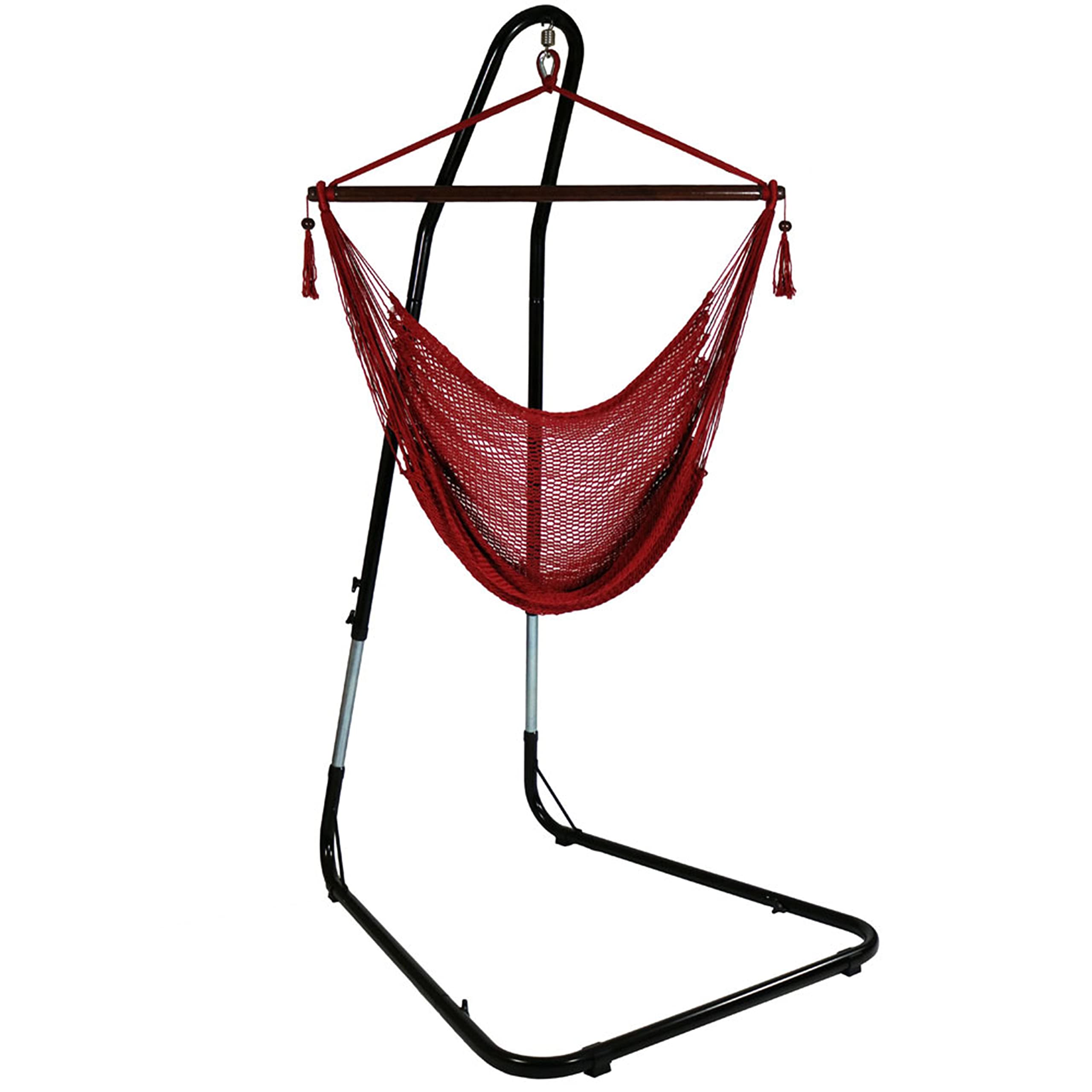 Caribbean-Style Hanging Rope Hammock Chair with Adjustable Stand - 300 lb Weight Capacity - Red - Perfect for Patio, Backyard, and Indoor Relaxation