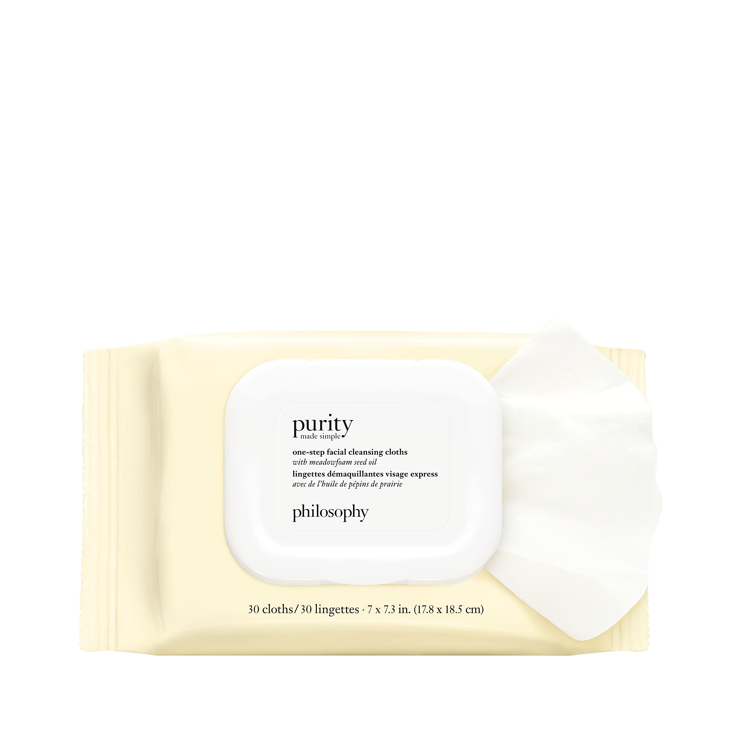 Philosophy Purity Made Simple One-Step Facial Cleansing Cloths - 30 Count | Makeup Remover Wipes for Travel, Gym & Daily Use | No-Rinse Formula Gently Removes Dirt, Oil & Impurities