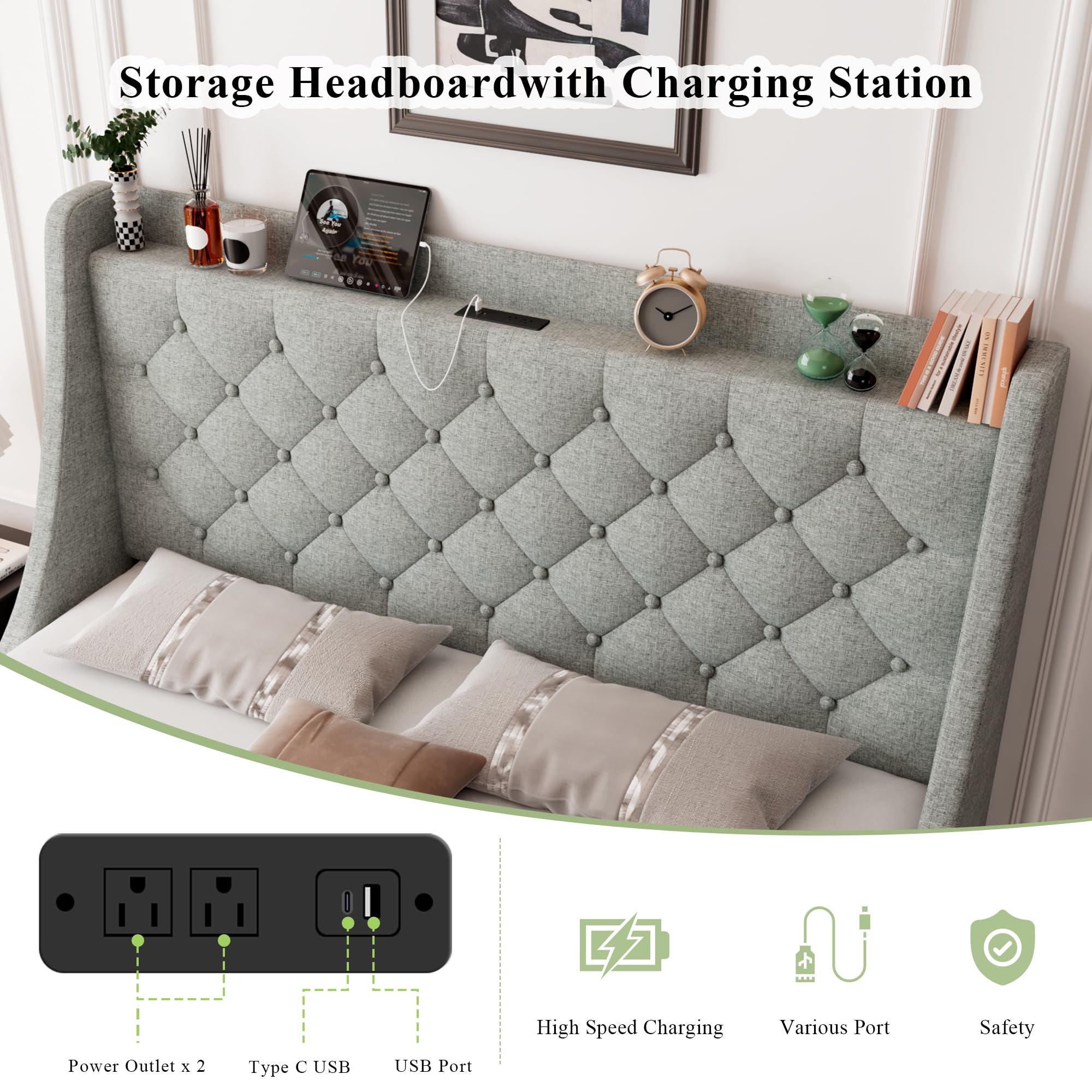 Feonase Queen Size Upholstered Storage Bed Frame with 4 Drawers & USB Charging Station - Tufted Wingback Headboard, No Box Spring Needed, Light Grey (FEO737) - Perfect for Small Bedrooms, Guest Rooms & Modern Apartments