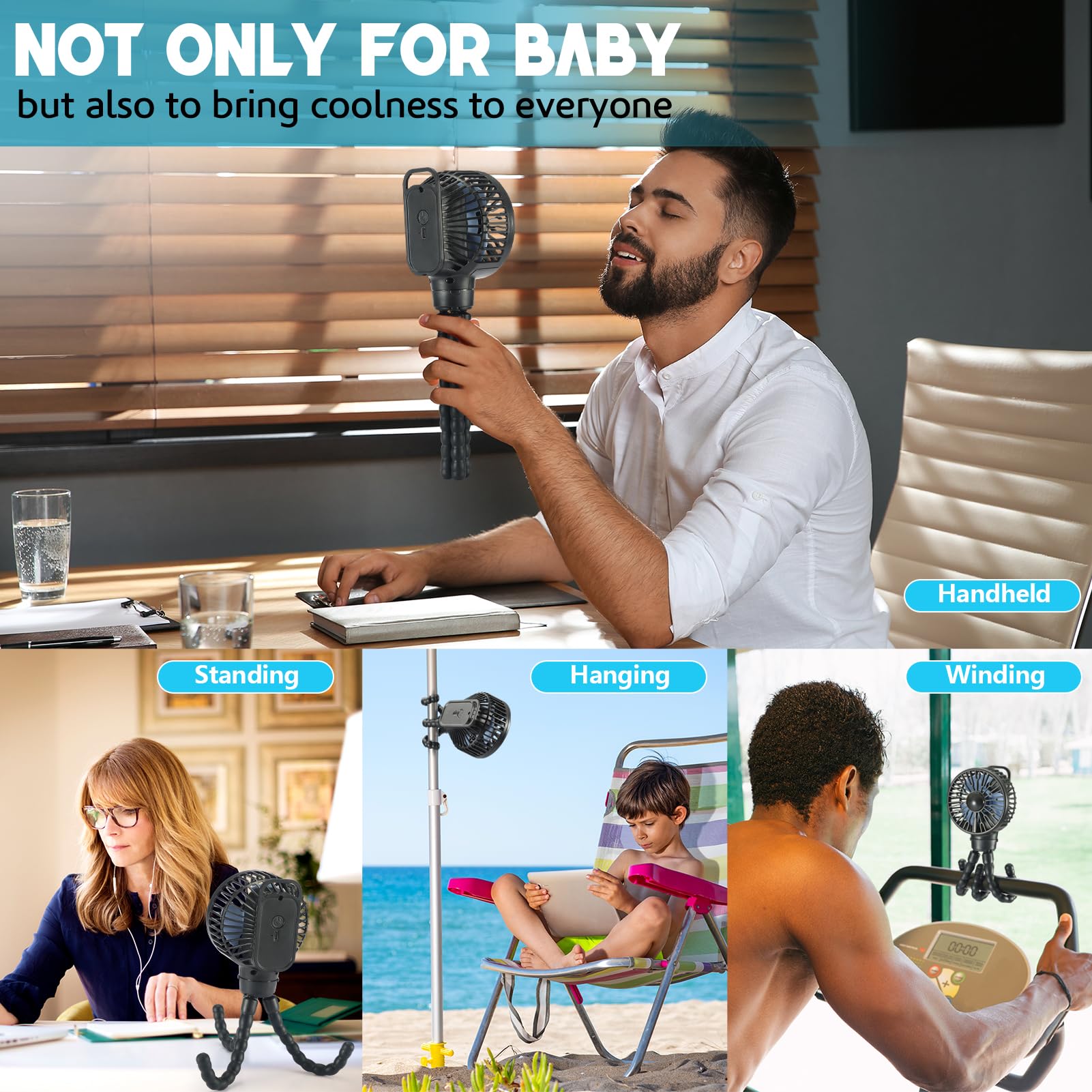 Snawowo Mini Portable Stroller Fan - 3 Speed Rechargeable Battery Operated Handheld Fan with Flexible Tripod & Clip | Perfect for Baby Stroller, Car Seat, Crib, Treadmill, Travel & Camping | Black