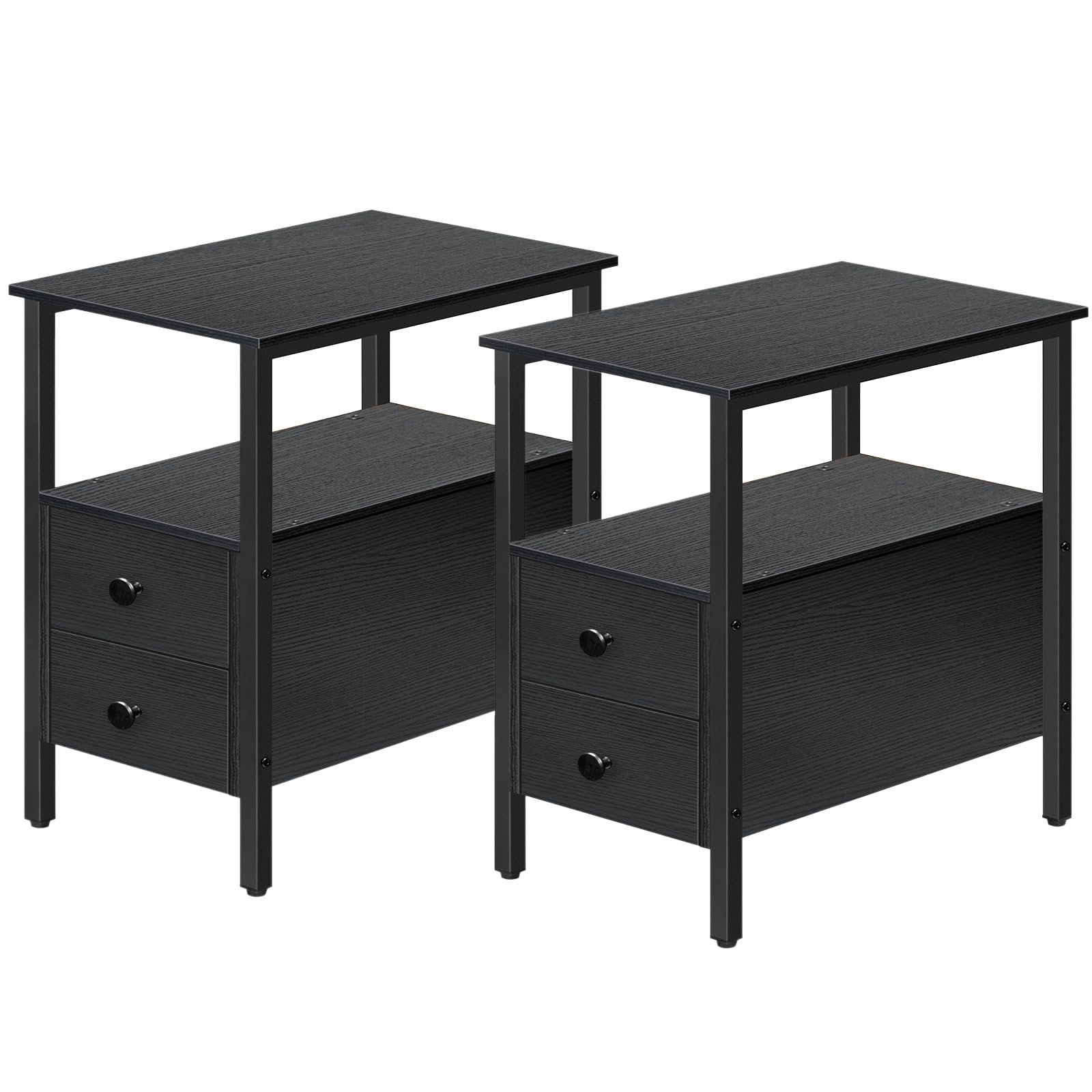 HOOBRO 2-Piece End Table Set with 2 Drawers & Open Shelves - Narrow Nightstand for Small Spaces, Wood Look Accent Table in Black (BK54BZP201G2) - Perfect for Living Room, Bedroom, or as Recliner Side Table