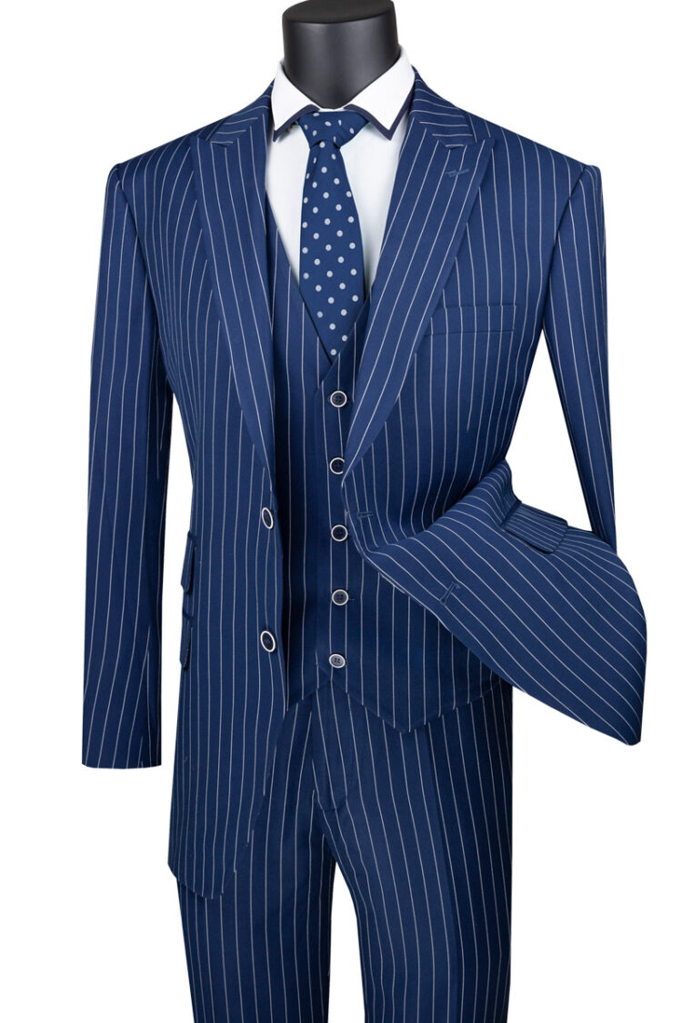 Blue Regular Fit 3-Piece Suit for Men | 2-Button Gangster Stripe Design | Perfect for Weddings, Business Meetings & Formal Events