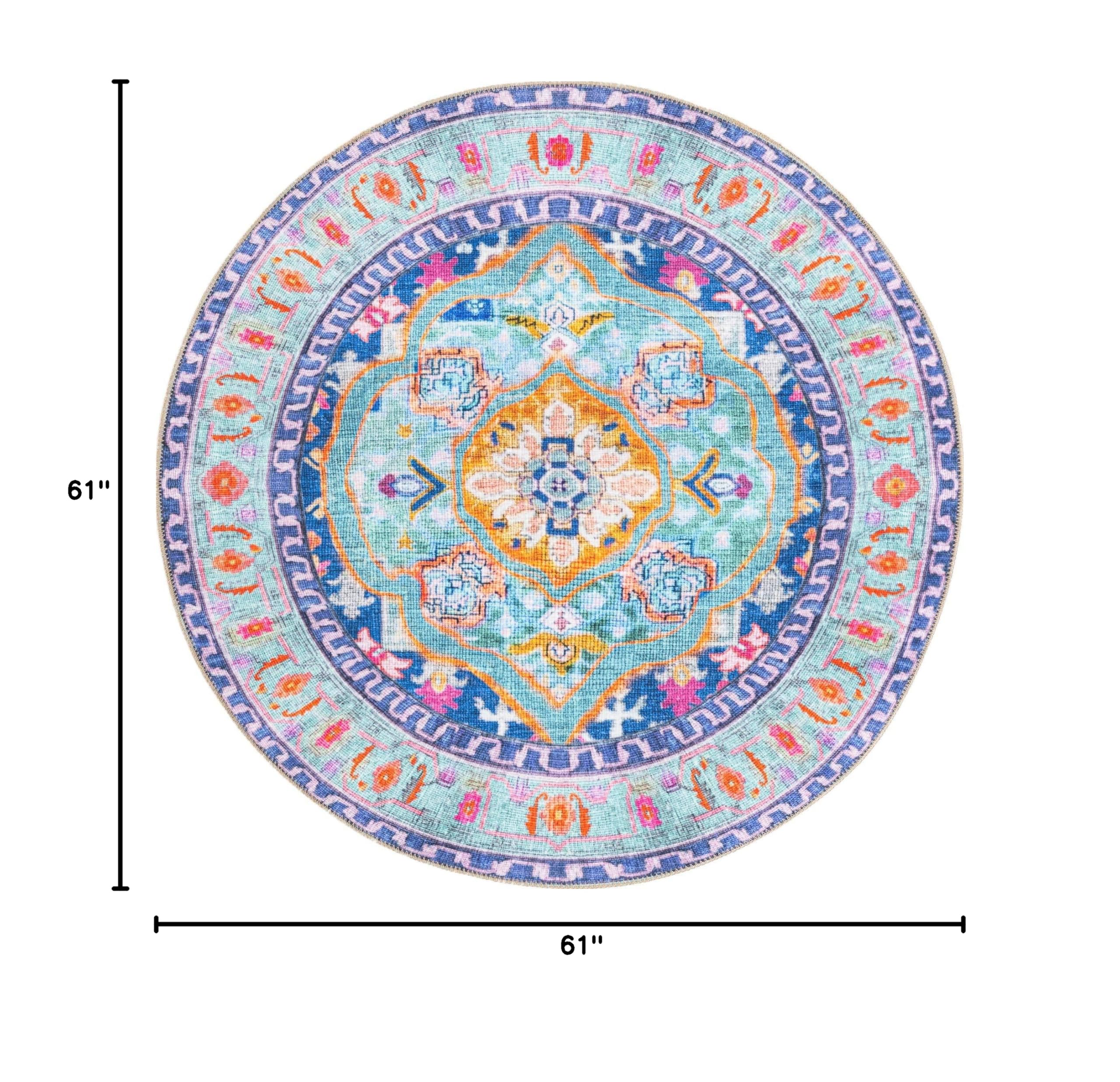 Unique Loom Revival Collection Traditional Medallion Border Blue/Teal Round Area Rug 5' x 5' - Perfect for Living Room, Bedroom & Home Decor