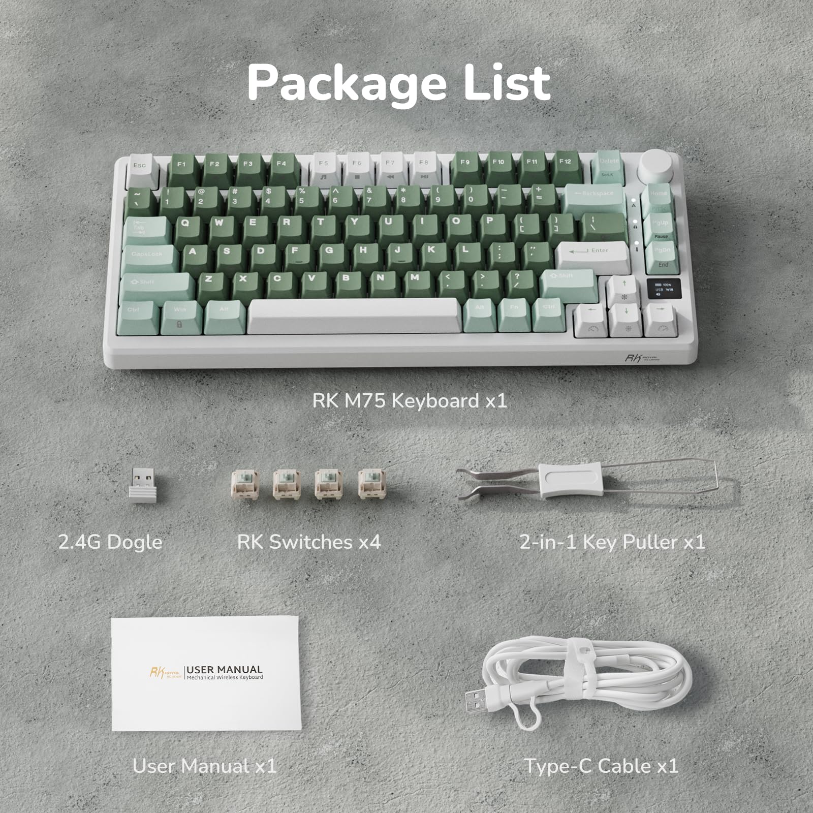 RK ROYAL KLUDGE M75 Wireless Mechanical Gaming Keyboard - 2.4G/Bluetooth 5.1/USB-C, 75% Compact Layout (81 Keys), Gasket Mount, OLED Display, RGB Backlight, Hot-Swappable Viridian Green Switches - Perfect for PC Gaming, Office Work & Typing Enthusiasts