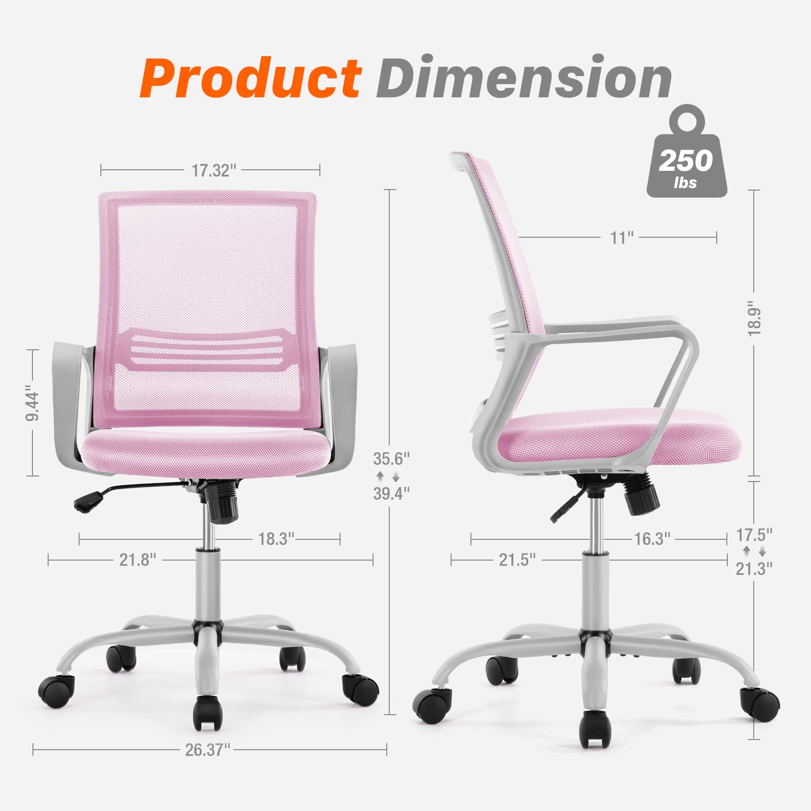 Ergonomic Executive Mid Back Office Chair - Adjustable Height, Lumbar Support, Swivel & Rolling for Home & Business Use - Pink (Perfect for Long Hours of Work & Study)