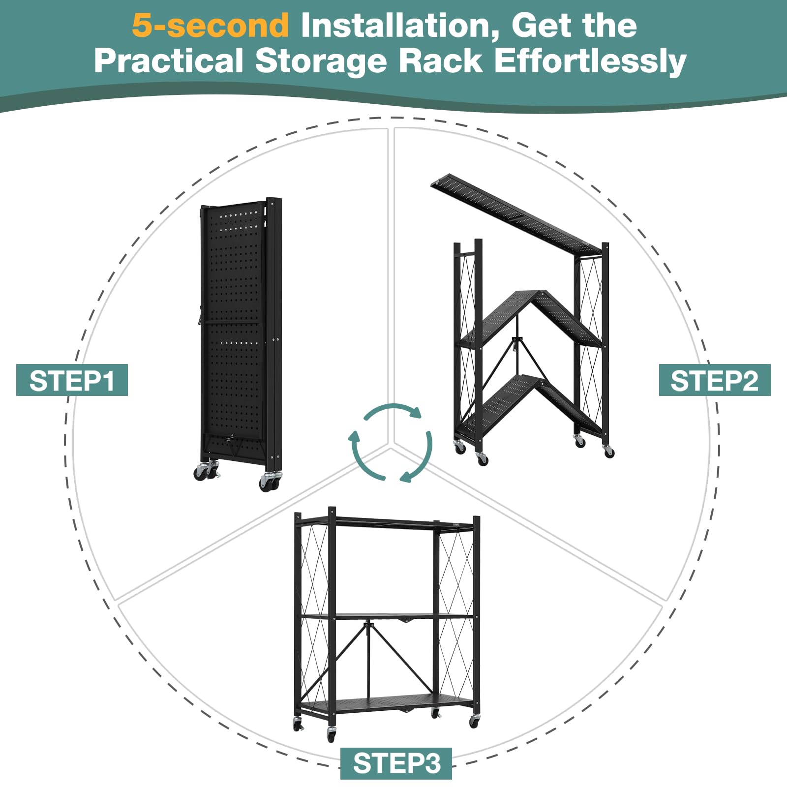 3-Tier Black Metal Storage Shelves with Wheels - No Assembly Bookshelf for Kitchen, Office, Laundry & Garage - Heavy Duty Rolling Utility Rack for Organizing Pantry, Closet, Workshop or Retail Space