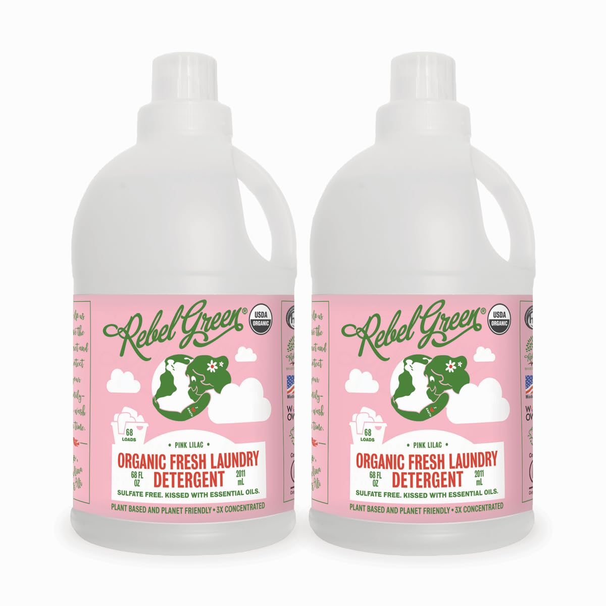 Rebel Green Organic Laundry Detergent - Eco-Friendly Liquid Laundry Soap with Dispenser Cup - Hypoallergenic & Gentle for Sensitive Skin - Fresh Pink Lilac Scent - 64 Loads per Bottle (2-Pack) - Perfect for Baby Clothes, Delicates & Everyday Laundry