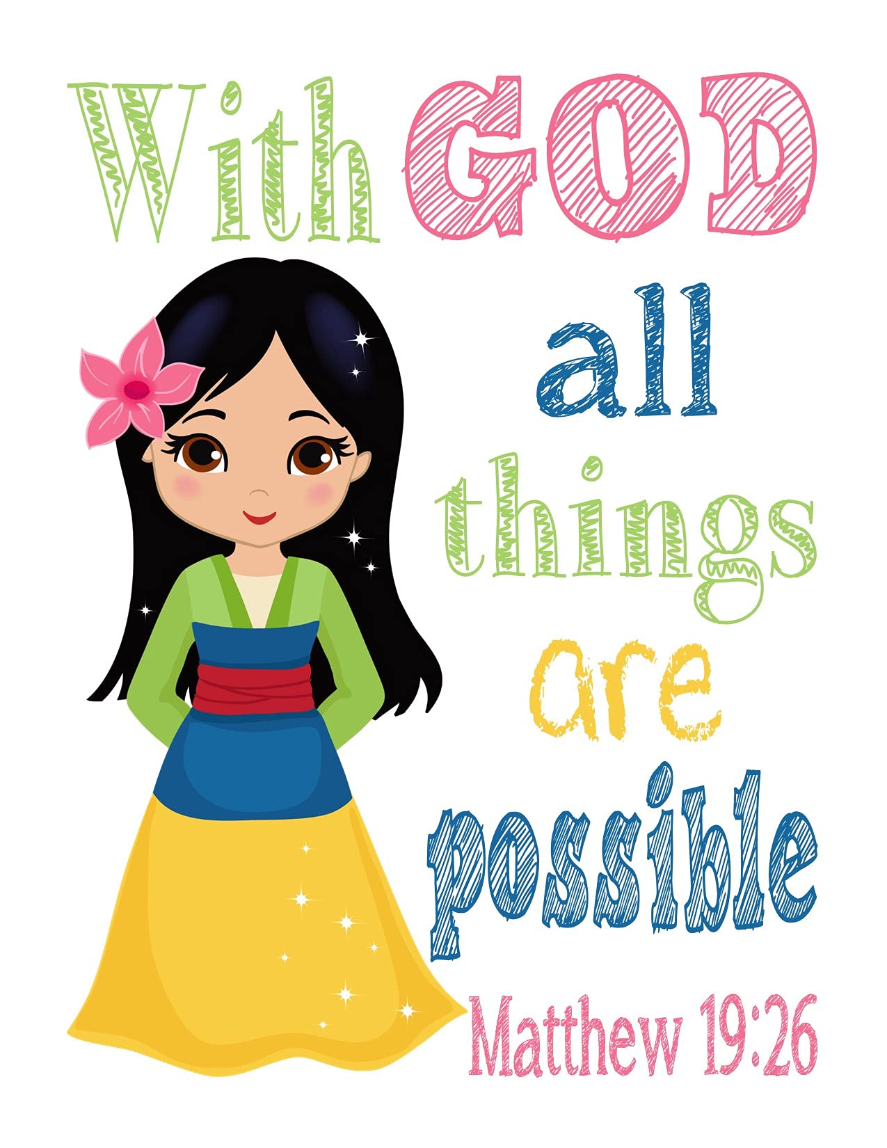 Princess Nursery Decor Set - Jasmine, Tiana, Mulan, Pocahontas Bible Verse Prints for Baby Room