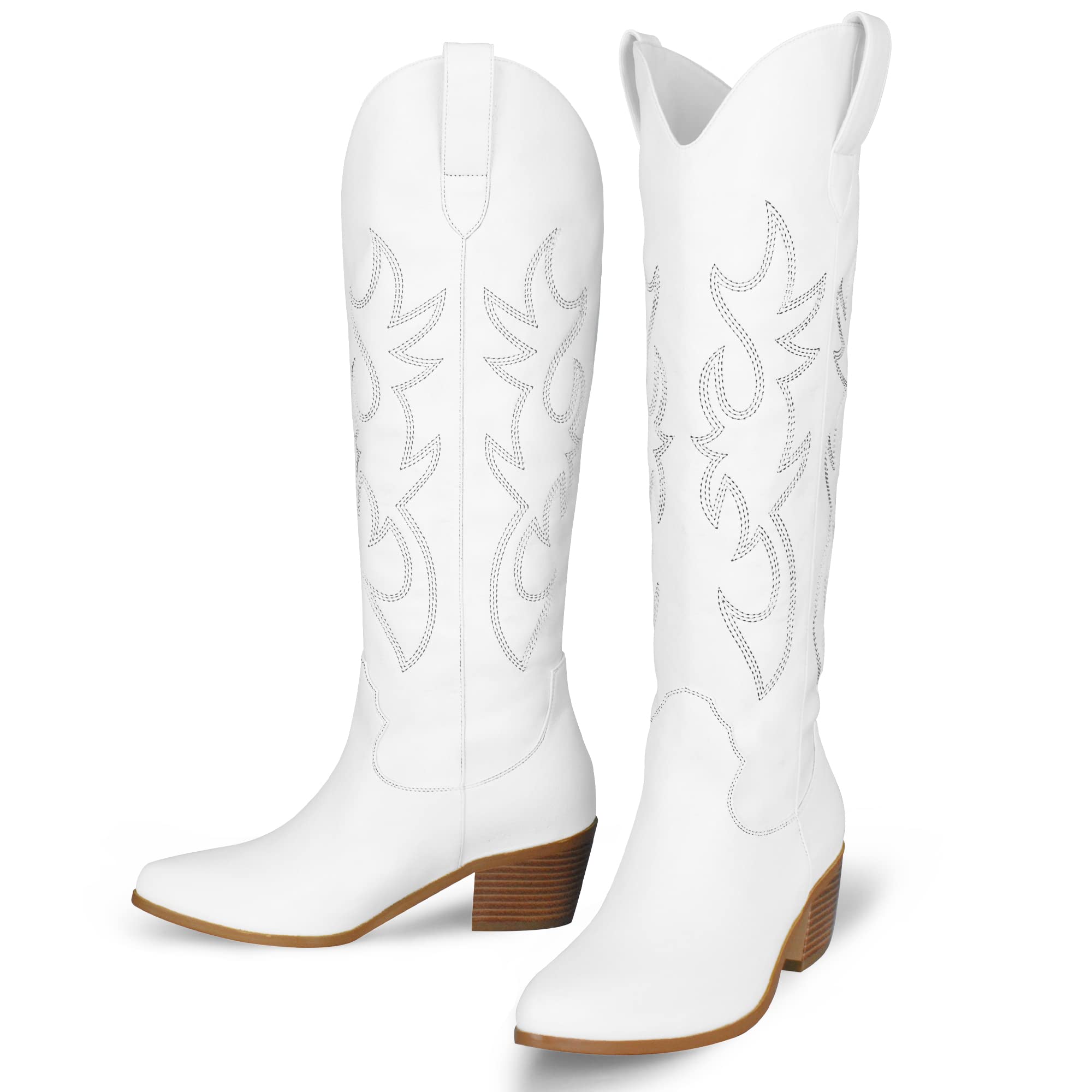 STALOV Women's Western Cowboy Boots - Pointed Toe, Chunky Heel, Knee High Pull-On Embroidered Cowgirl Boots for Fashion & Country Style | Perfect for Rodeo, Line Dancing & Western Outfits
