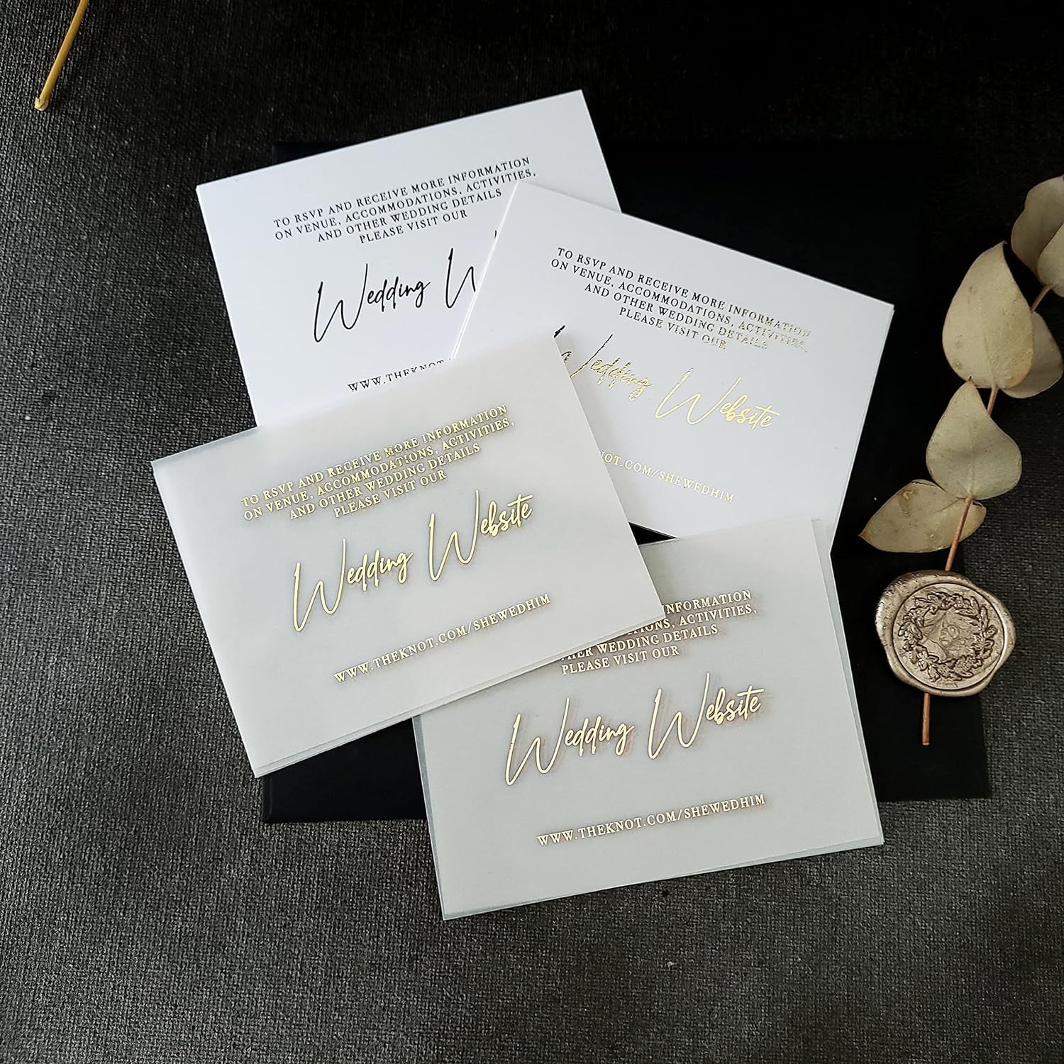 Elegant Wedding Website Cards with Gold Foil - Rose Gold Foil & Deep Purple Plike Vellum Inserts - Perfect for Wedding Invitations, Save the Dates & Bridal Shower Stationery