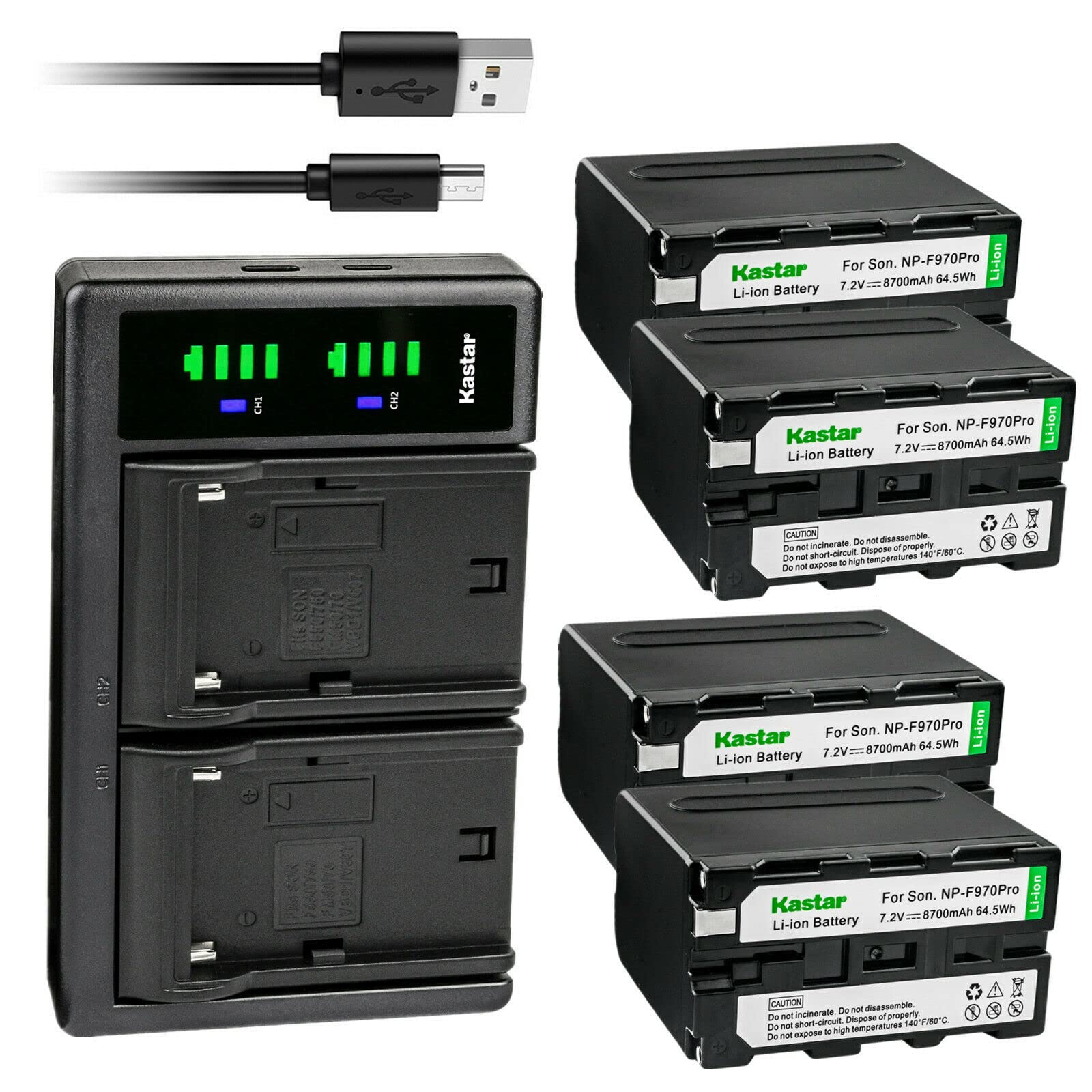 Kastar 4-Pack NP-F970PRO Replacement Battery & LTD2 USB Charger for Sony DCR-TRV110/120/125/130/203/210/220/310/315/320 Cameras - Perfect for Travel Vlogging & Outdoor Photography