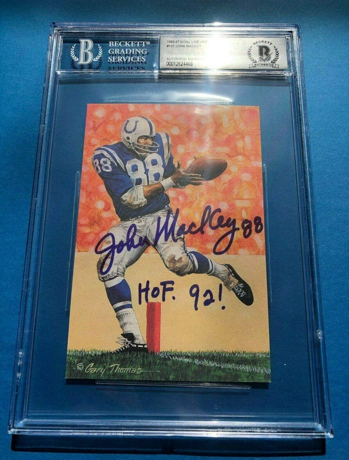 JOHN MACKEY Signed GOAL LINE ART Card #107 Beckett BAS with HOF Inscription - NFL Autographed Football Collectible - Perfect for Sports Memorabilia Display, Fan Collections, and Investment Pieces