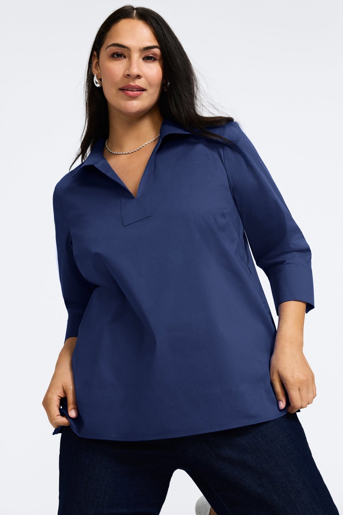 Julia Plus No Iron Stretch Cotton 3/4 Sleeve Popover Shirt for Women - Wrinkle-Free Comfort Top for Office & Casual Wear