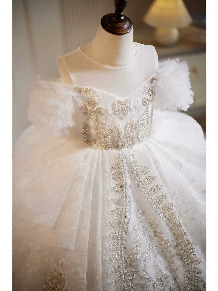 White Princess Round Floor Length Organza Flower Girl Dress - Perfect for Weddings, Baptisms & Special Occasions