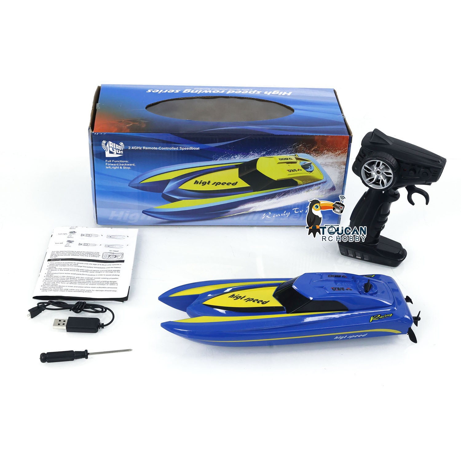 TOUCAN High Speed Electric RC Boat - Ready to Run (RTR) Radio Controlled Racing Ship for Kids & Adults - Durable Plastic Pool & Lake Toy for Outdoor Water Play - Painted & Assembled for Immediate Fun