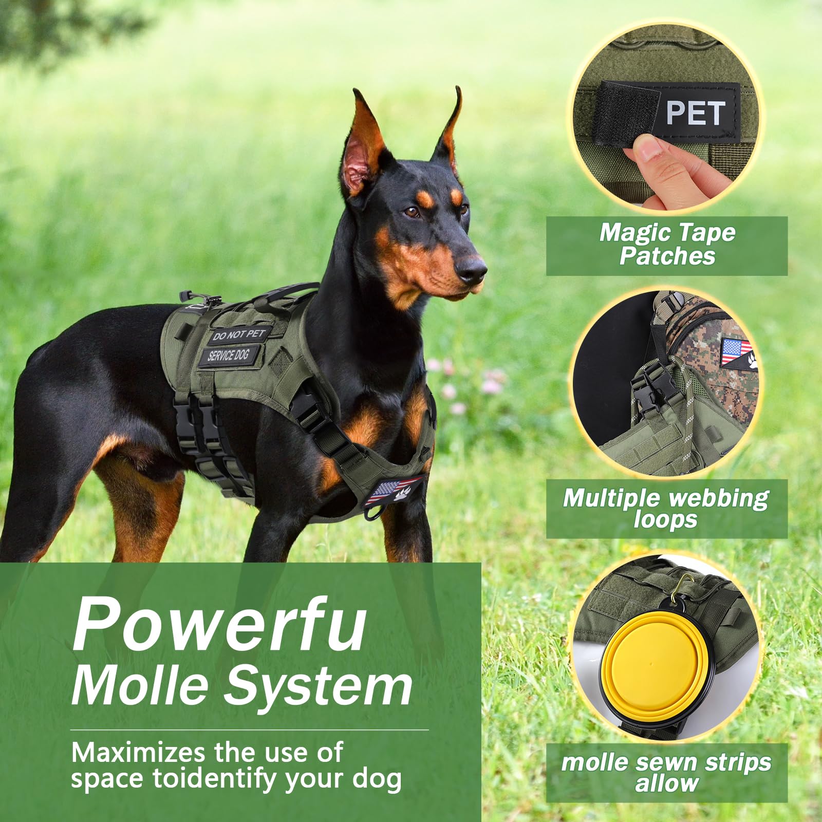 No Pull Tactical Dog Harness for Small & Medium Large Dogs - Escape Proof MOLLE Vest with Adjustable Handle & Leash Set (Green, S) - Perfect for Military Training, Hiking & Outdoor Adventures
