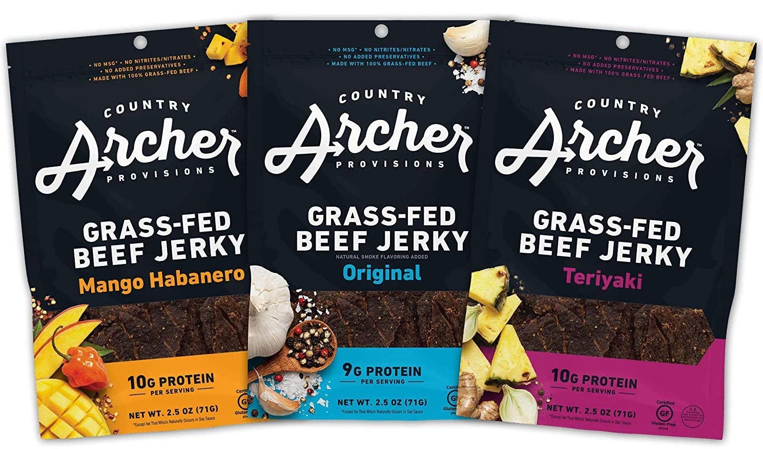 Country Archer Grass-Fed Beef Jerky Variety Pack - 3 Pack of 2.5oz Premium Beef Jerky Snacks with Original, Mango Habanero & Teriyaki Flavors | High Protein Keto-Friendly Snack for Hiking, Camping & Office | Gluten-Free Natural Meat Jerky