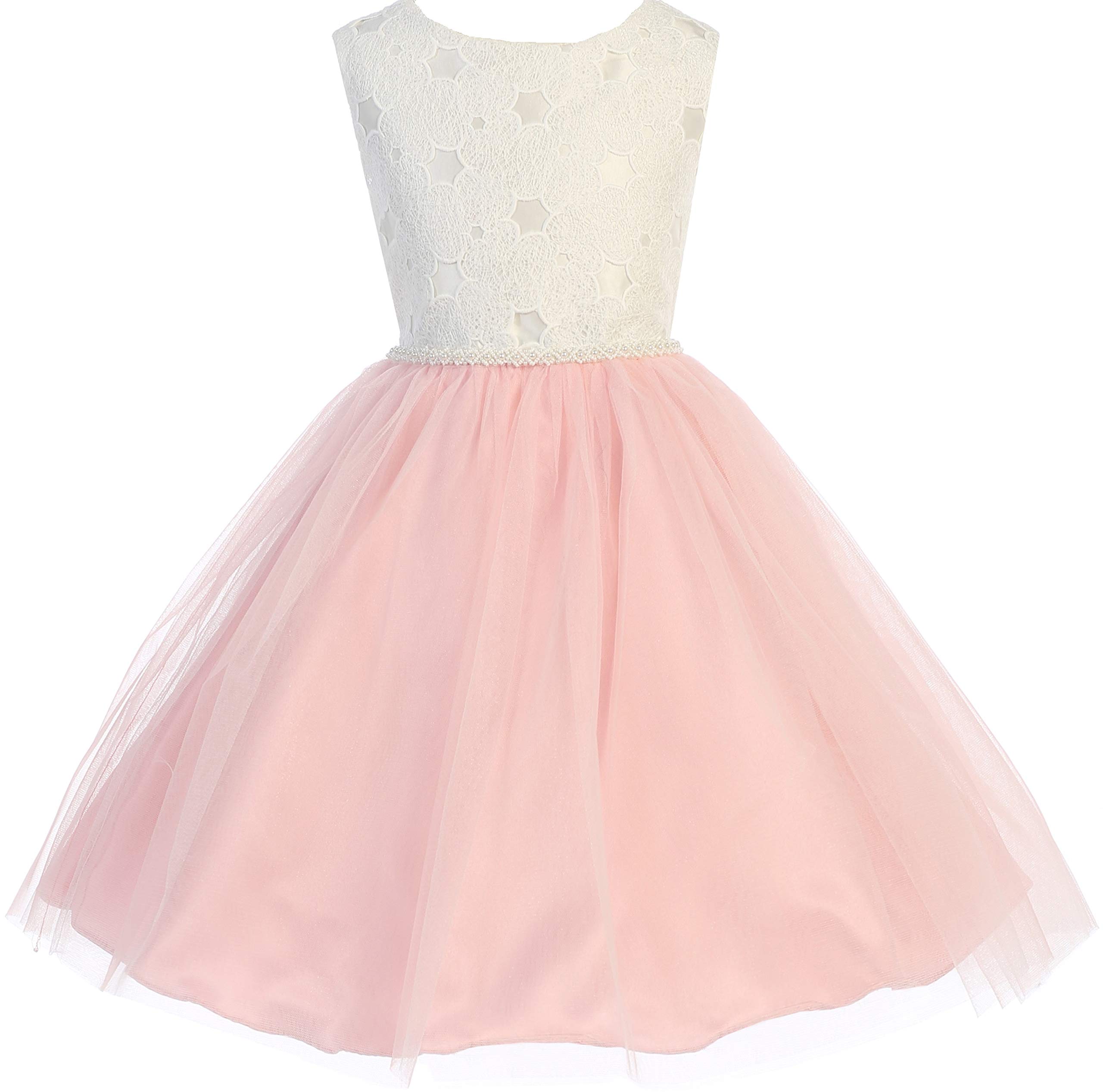 Elegant Lace Top Pearl Waist Flower Girls Dresses for Little Girls - Perfect for Birthday Parties, Weddings & Special Occasions