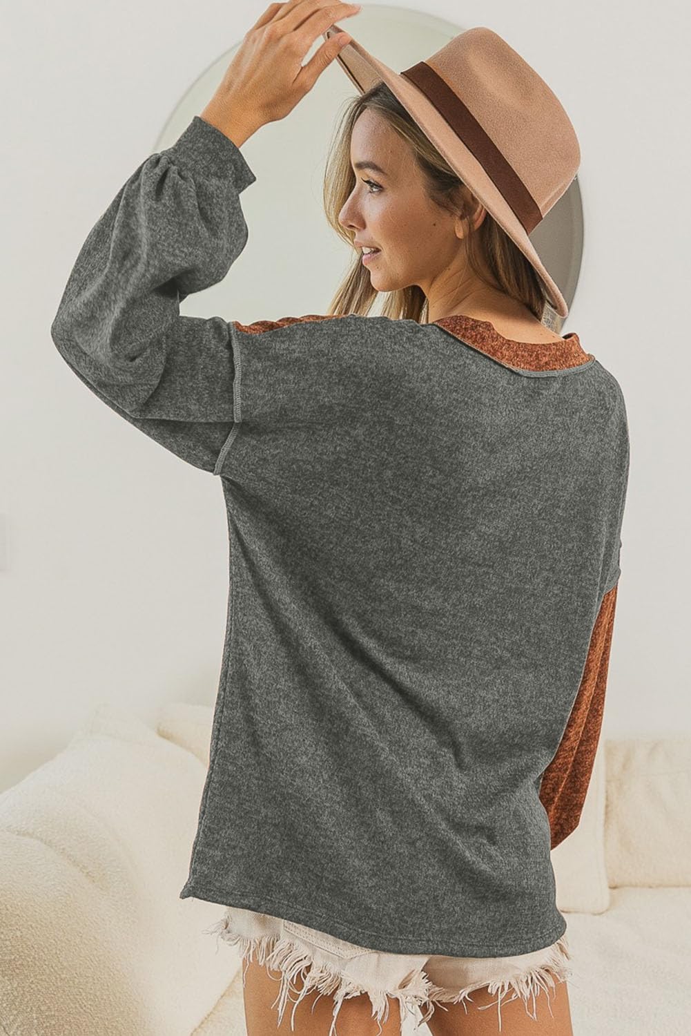 Women's Brown V-Neck Color Block Patchwork Loose Knit Pullover Sweater - Cozy Casual Wear for Fall & Winter | Perfect for Office, Date Night & Weekend Outfits