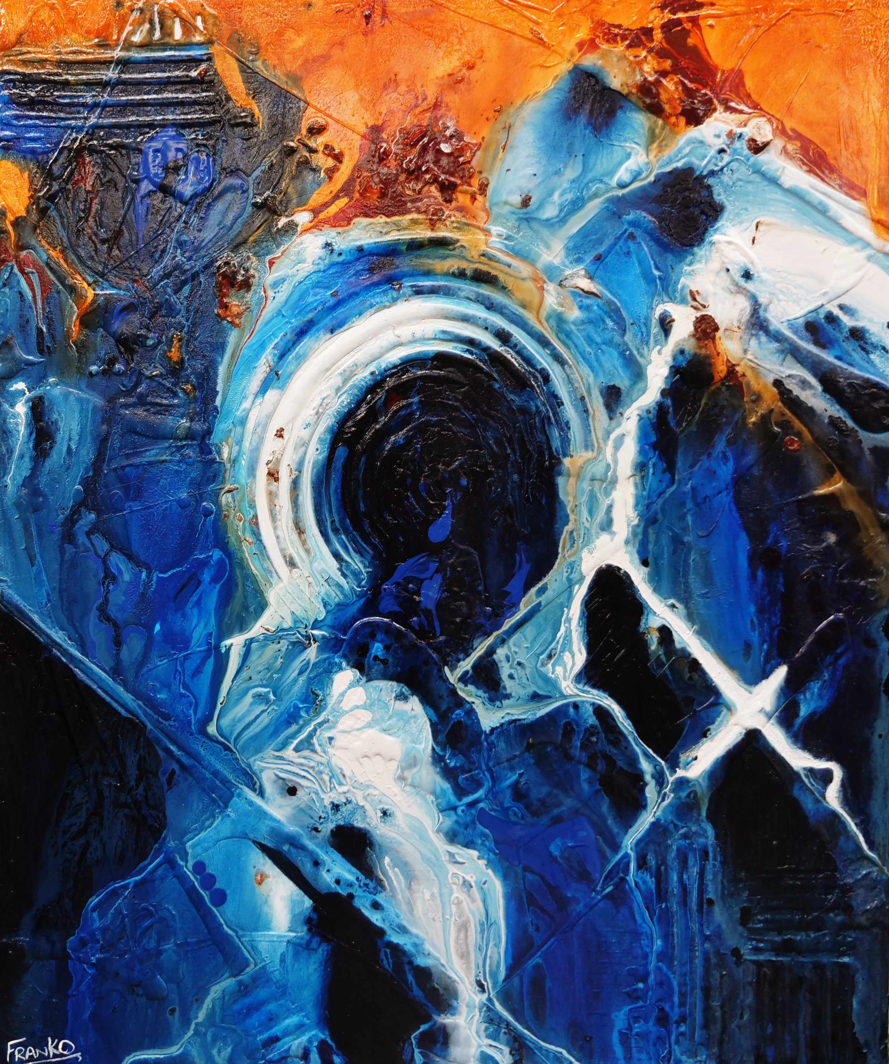 Blue and Orange Textured Abstract Painting - 47x39 Inch Leather & Sapphire Inspired Wall Art for Living Room, Bedroom, or Office Decor