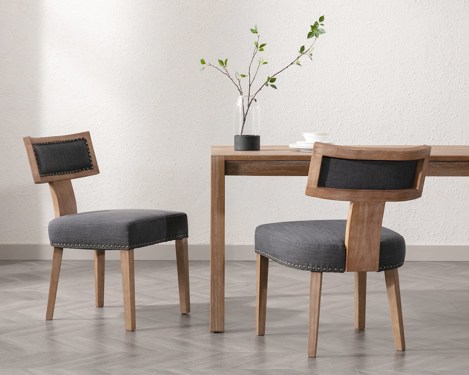 Mid Century Modern Dining Chairs Set of 4 - Farmhouse Style Linen Upholstered Accent Chairs with Curved Nailhead Trim & Hardwood Frame in Charcoal - Perfect for Kitchen, Dining Room, Breakfast Nook and Farmhouse Decor