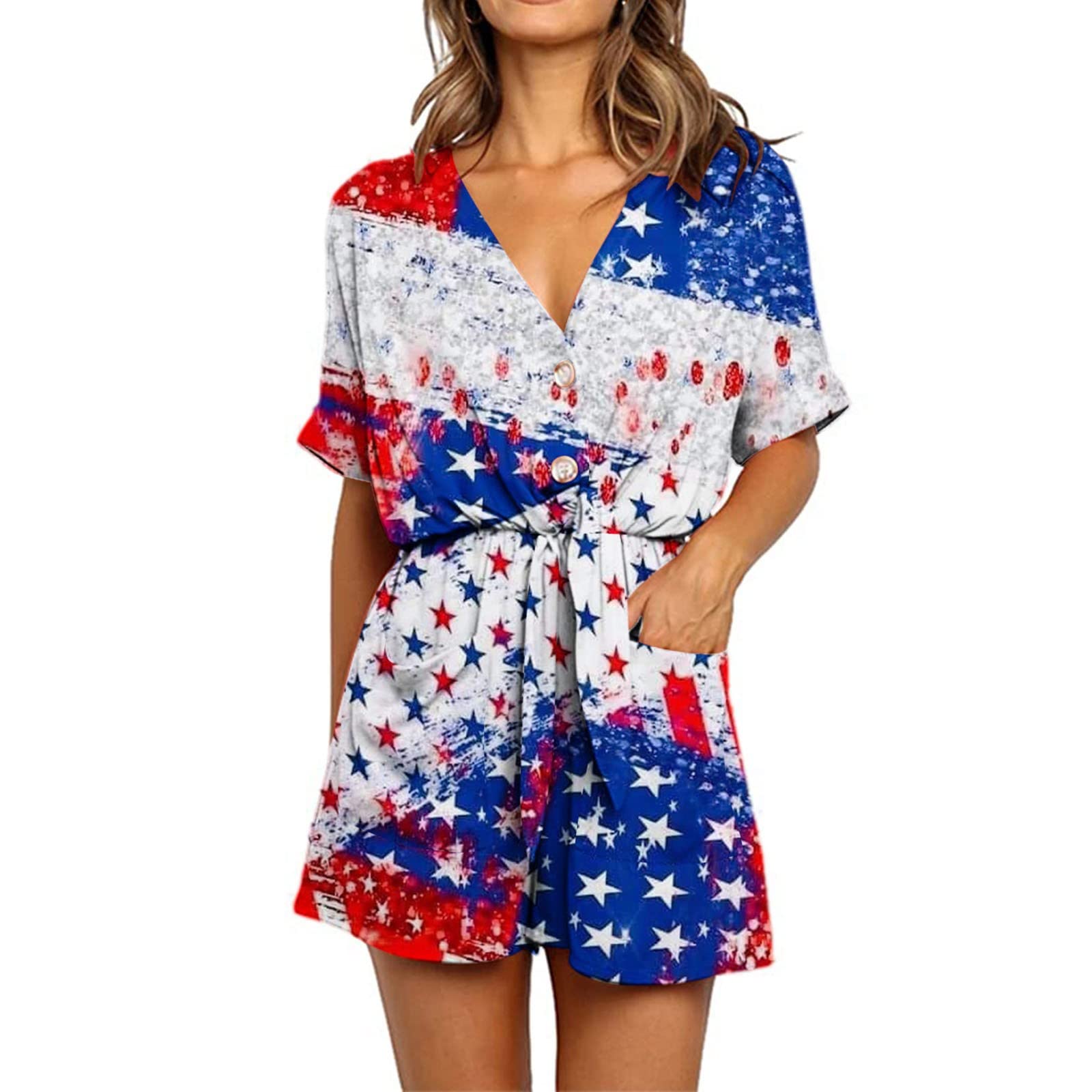 Posijego Women's Button Down Romper with Bandage Graphic Print - Stylish One Piece Jumpsuit Shorts for Casual Outings, Beachwear & Summer Fashion