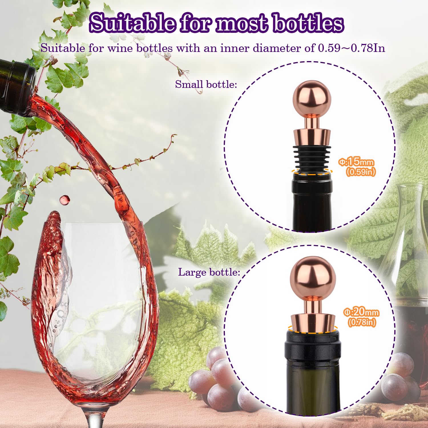 3-Pack Rose Gold Silicone Vacuum Wine Bottle Stoppers - Reusable Air-Tight Seal for Standard Wine Bottles, Perfect for Bars, Parties & Home Entertaining