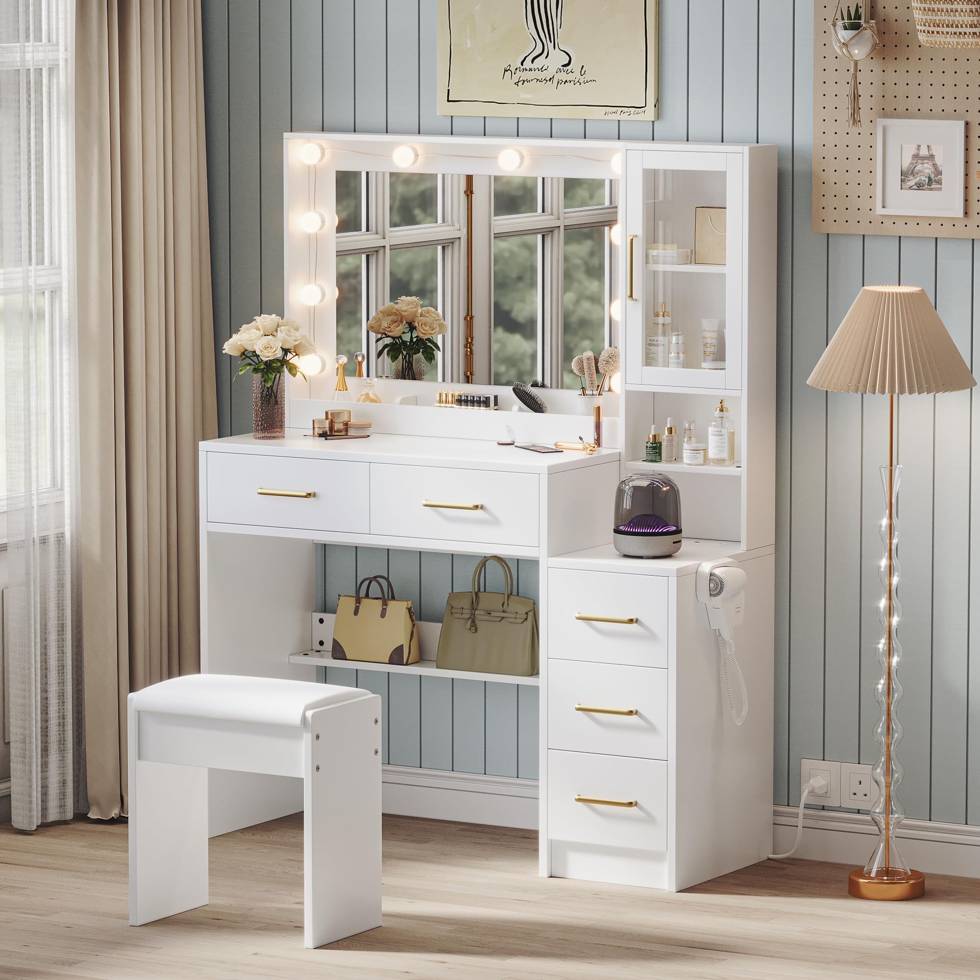 White Makeup Vanity Table with LED Lights & USB Charging Station, 5 Drawers & Open Shelves - Dressing Table Set for Women & Girls, Perfect for Bedroom, Dorm Room or Beauty Salon