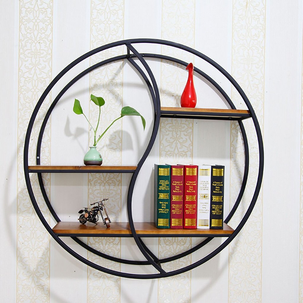 Vintage Wrought Iron Floating Shelf with Solid Wood Top - Circular Wall Mounted Storage Rack for Living Room, Bedroom, Kitchen Decor | Home Organization & Display Solution