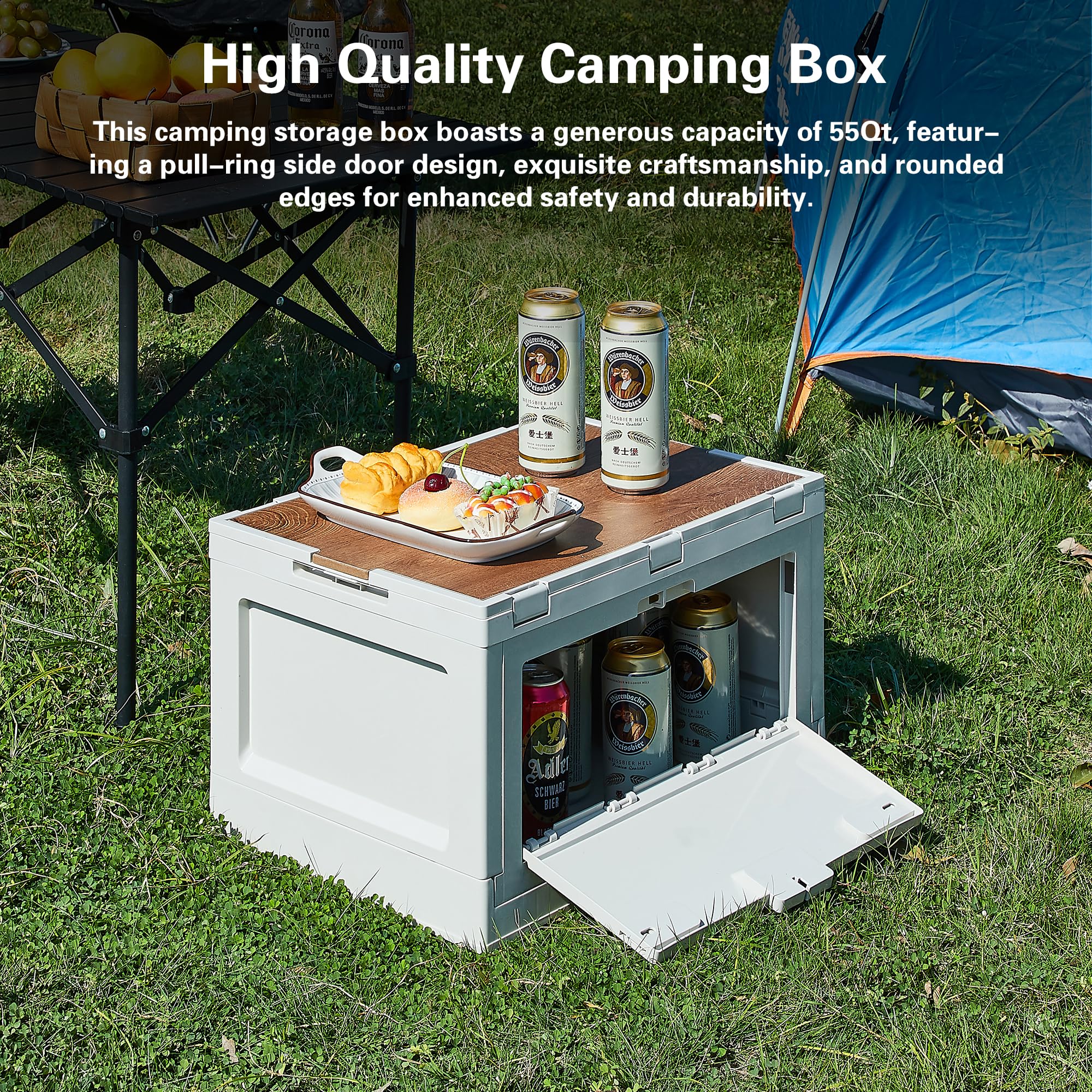 VECELO 55 Qt Collapsible Storage Bins with Lids - Large Foldable Plastic Organizer Box with Handles & 2 Side Doors - Portable Camping Storage Container for Outdoor Gear, Home Organization, Travel & RV - Beige