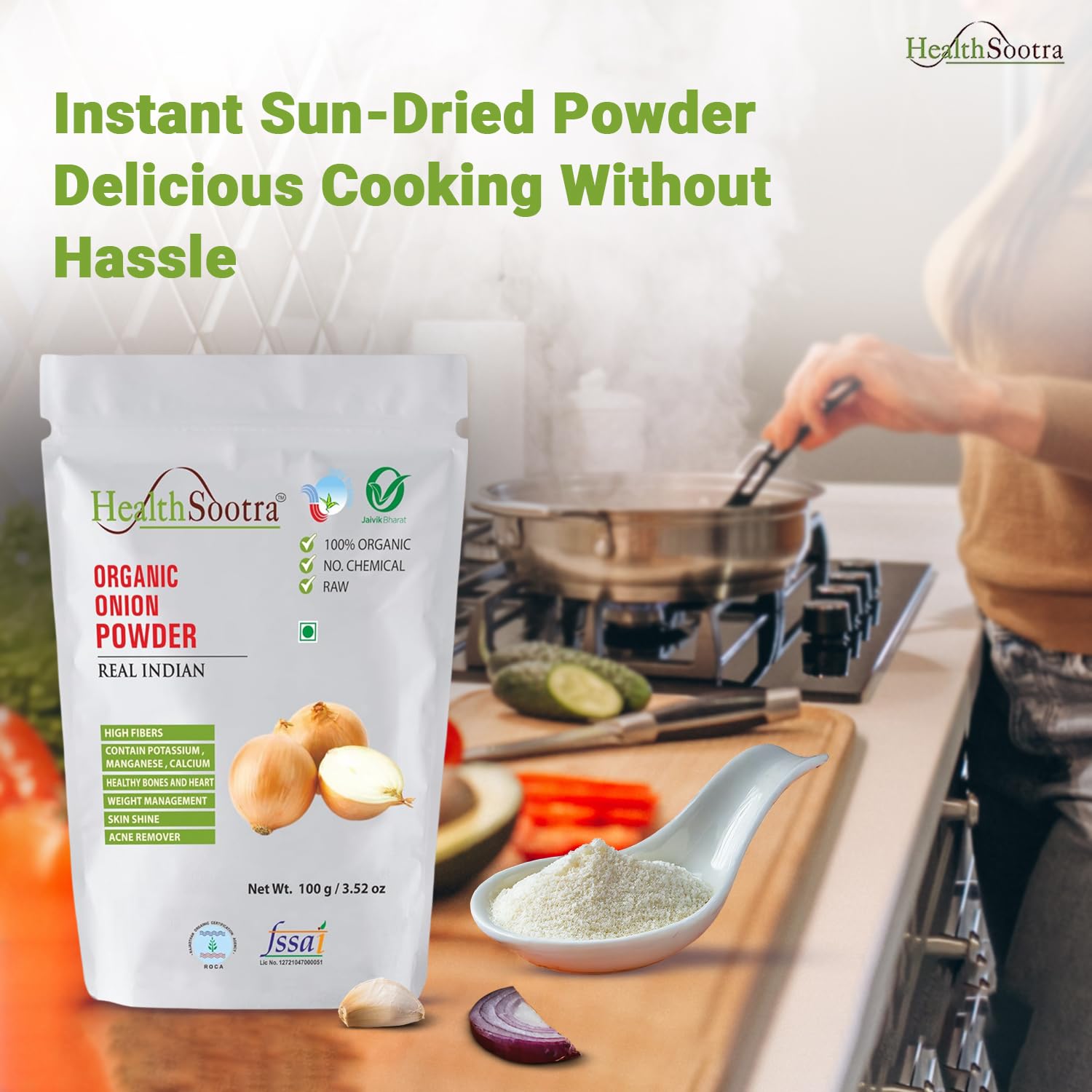 Healthsootra Organic Garlic Powder & Onion Powder Combo - 200g Each | All-Natural, Additive-Free Spices | No Preservatives | Perfect for Cooking, Seasoning, and Meal Prep | Healthy Instant Flavor Boost for Soups, Salads, and Marinades
