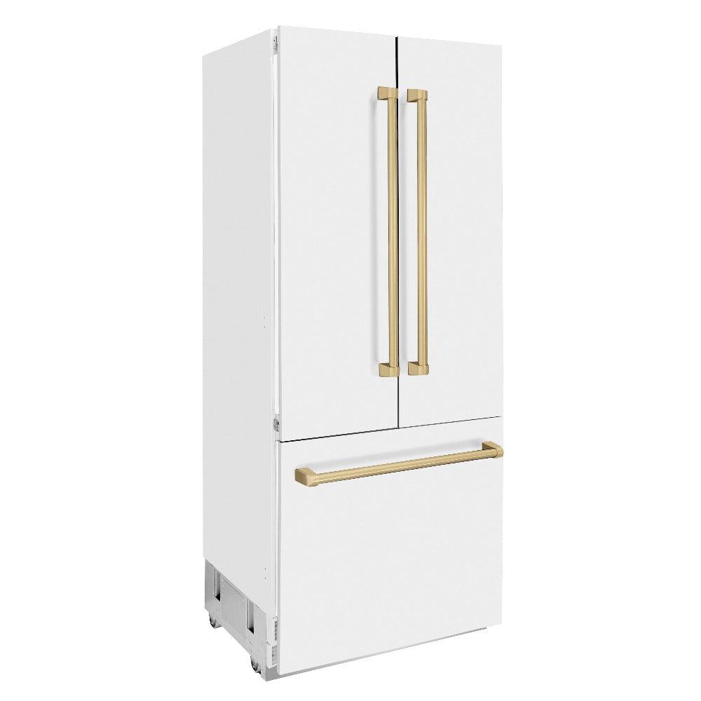 ZLINE Autograph Edition 36 Inch French Door Built-In Refrigerator - 19.6 cu ft Capacity, Bottom Freezer, Water Dispenser & Ice Maker - White Matte with Champagne Bronze Accents (RBIVZ WM 36 CB) | Perfect for Modern Kitchens, Open-Concept Homes & Luxury Appliance Upgrades