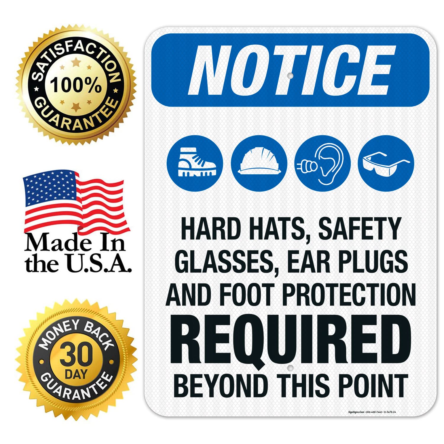 3M EGP Reflective OSHA Safety Sign - 18x24 Inches Aluminum, Fade Resistant for Indoor/Outdoor Use | Hear Hats, Safety Glasses, Ear Plugs & Foot Protection Required | Made in USA - Perfect for Construction Sites, Factories & Work Zones