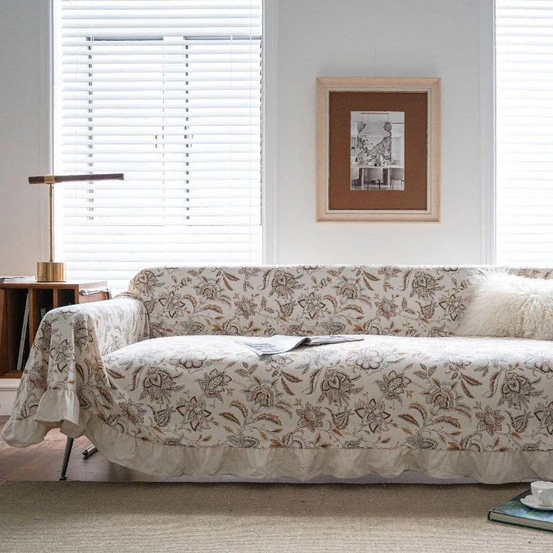 Bohemian Floral Sofa Slipcover with Ruffled Trim - Tribal Print Couch Cover for Living Room Decor, Home Styling & Comfort