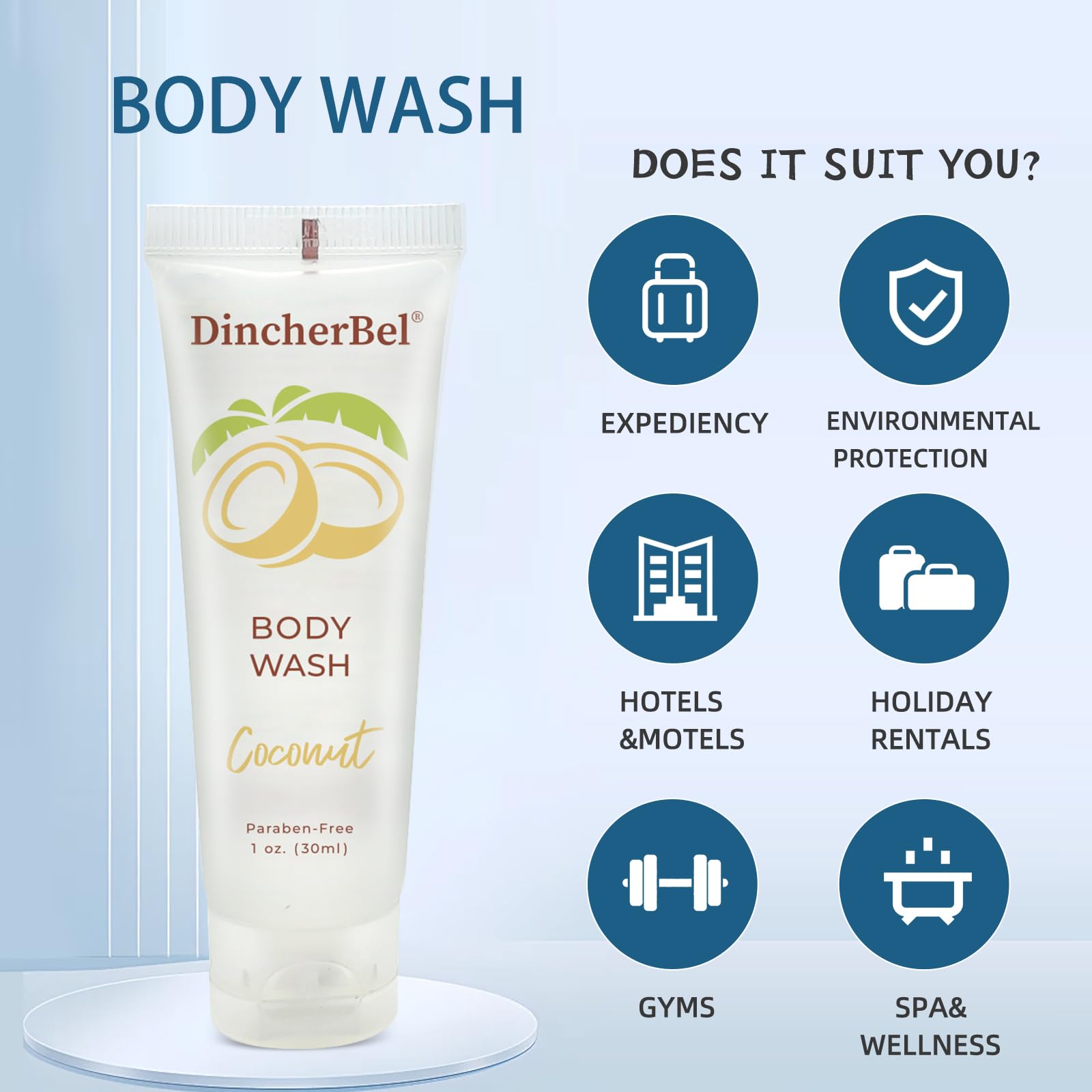 100 Pack Travel Size Body Wash (1 Fl Oz) - Refreshing Tropical Coconut Scented Shower Gel for Hotels, Vacation Rentals & Airbnb | Bulk Mini Toiletries Perfect for Guests, Travel & Hospitality Use