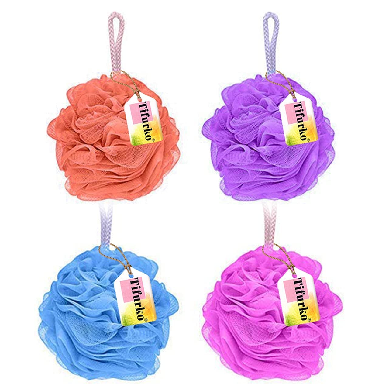Tifurko Round Loofah Sponge for Shower - 4 Pack Exfoliating Body Scrubber & Bath Puff - Soft & Durable for Gentle Skin Cleansing - Perfect for Daily Shower, Spa & Exfoliation Routine