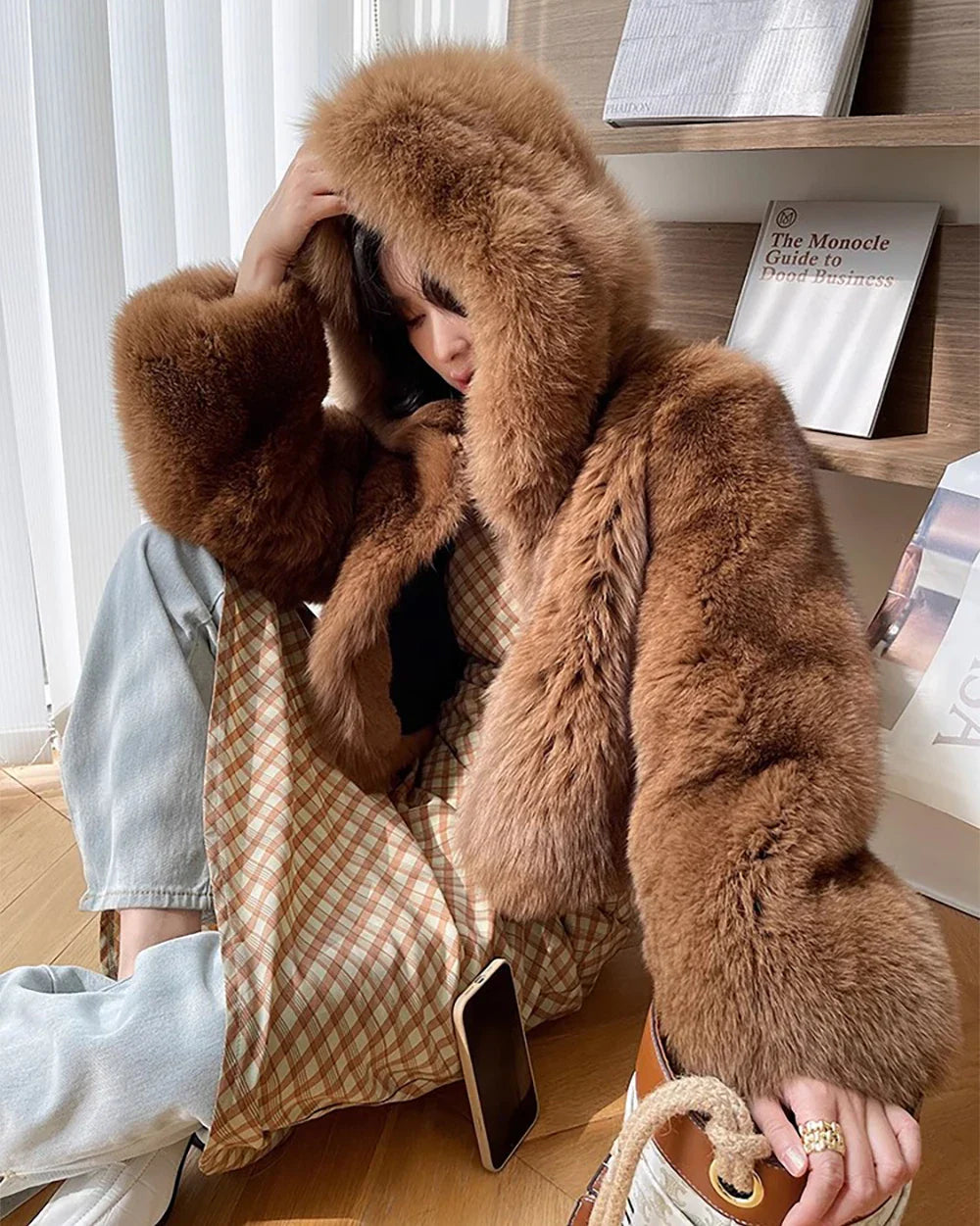 Luxury Faux Fur Coat for Women - Soft Warm Hooded Jacket, Vintage Style Winter Outerwear for Casual Outings & Holiday Parties
