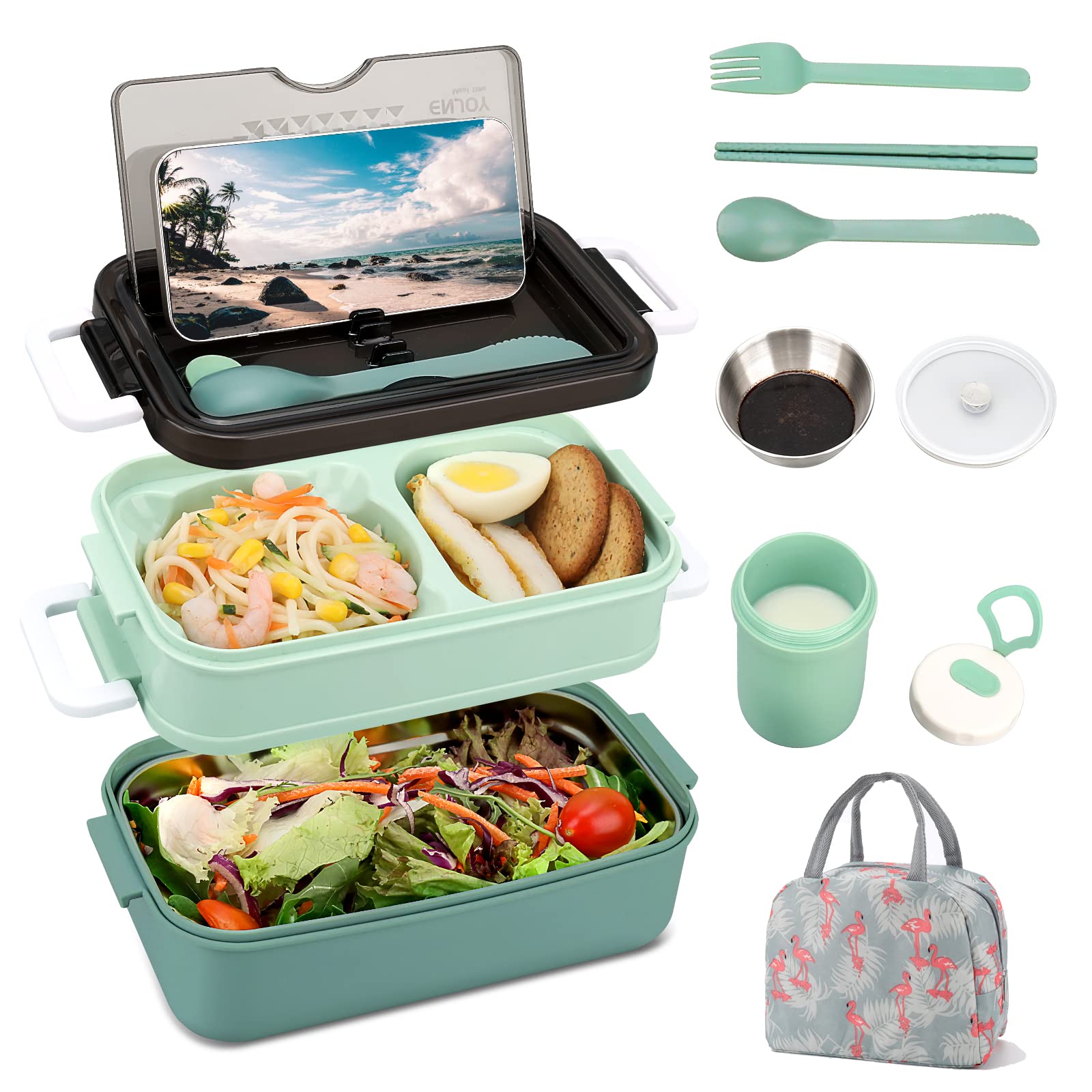 Eco-Friendly 1200ml Bento Lunch Box Kit for Adults - Portable BPA-Free Meal Prep Container with Insulated Lunch Bag - Perfect for Office, School & Travel (Green Metal)