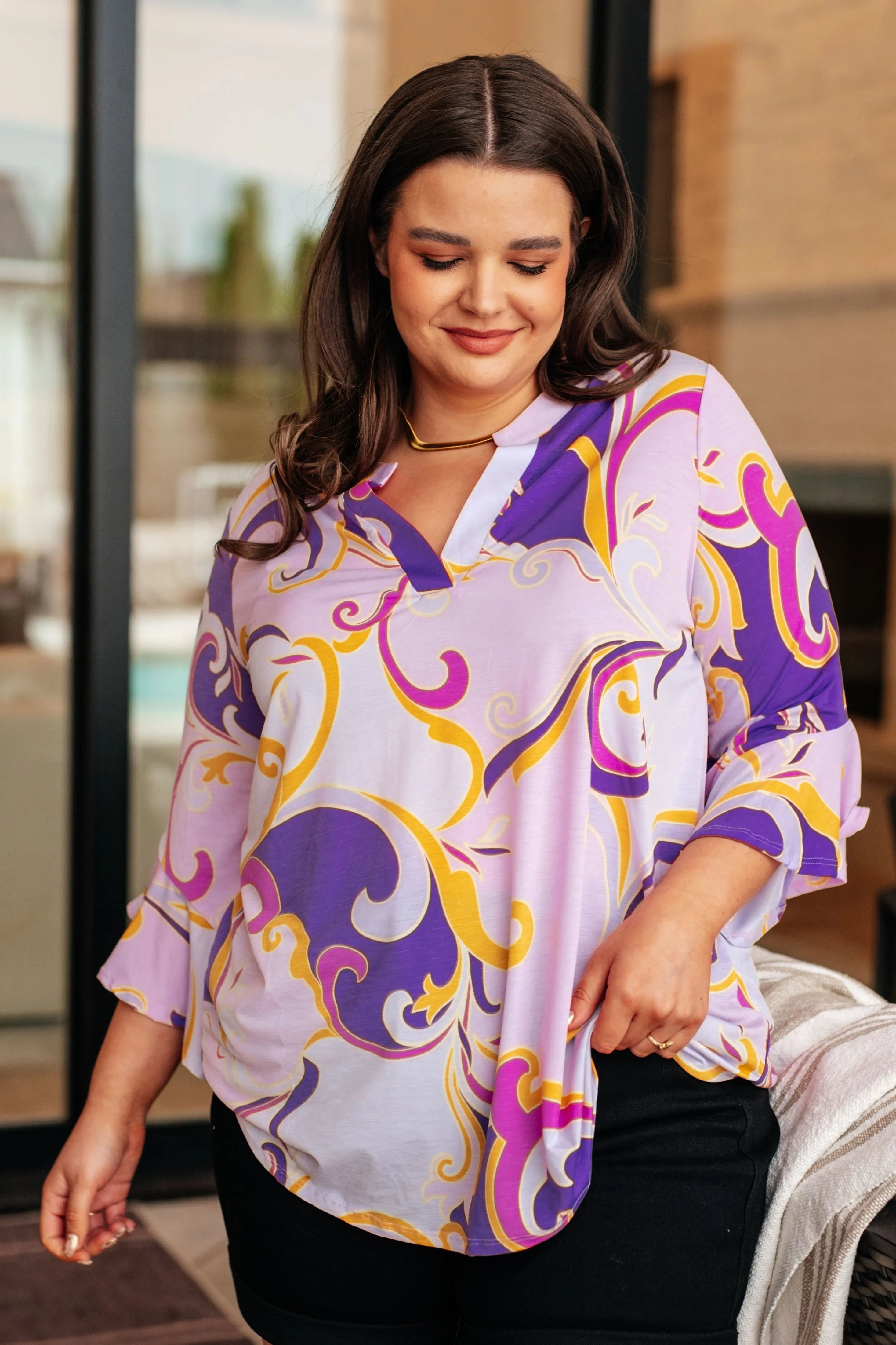Lizzy Bell Sleeve Top - Regal Lavender & Gold Floral Blouse for Women | Perfect for Parties, Date Nights & Special Occasions