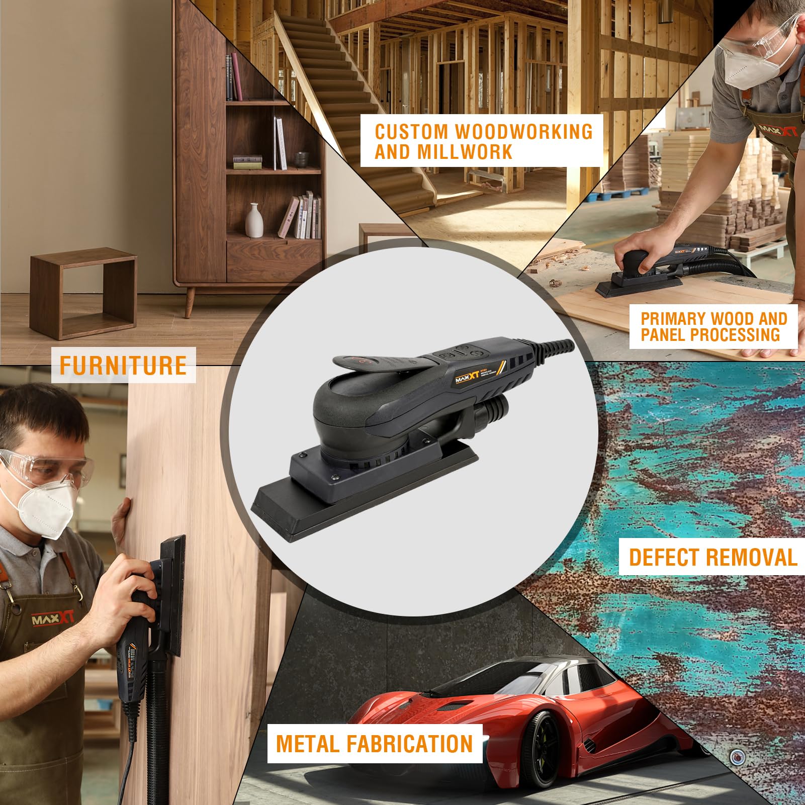 MAXXT 350W Brushless Electric Sheet Sander - 3mm Orbital, 10000RPM Variable Speed, 3A Multi-Function Corded Palm Sander with 10 Sanding Papers - Perfect for Woodworking, Furniture Refinishing & DIY Home Projects