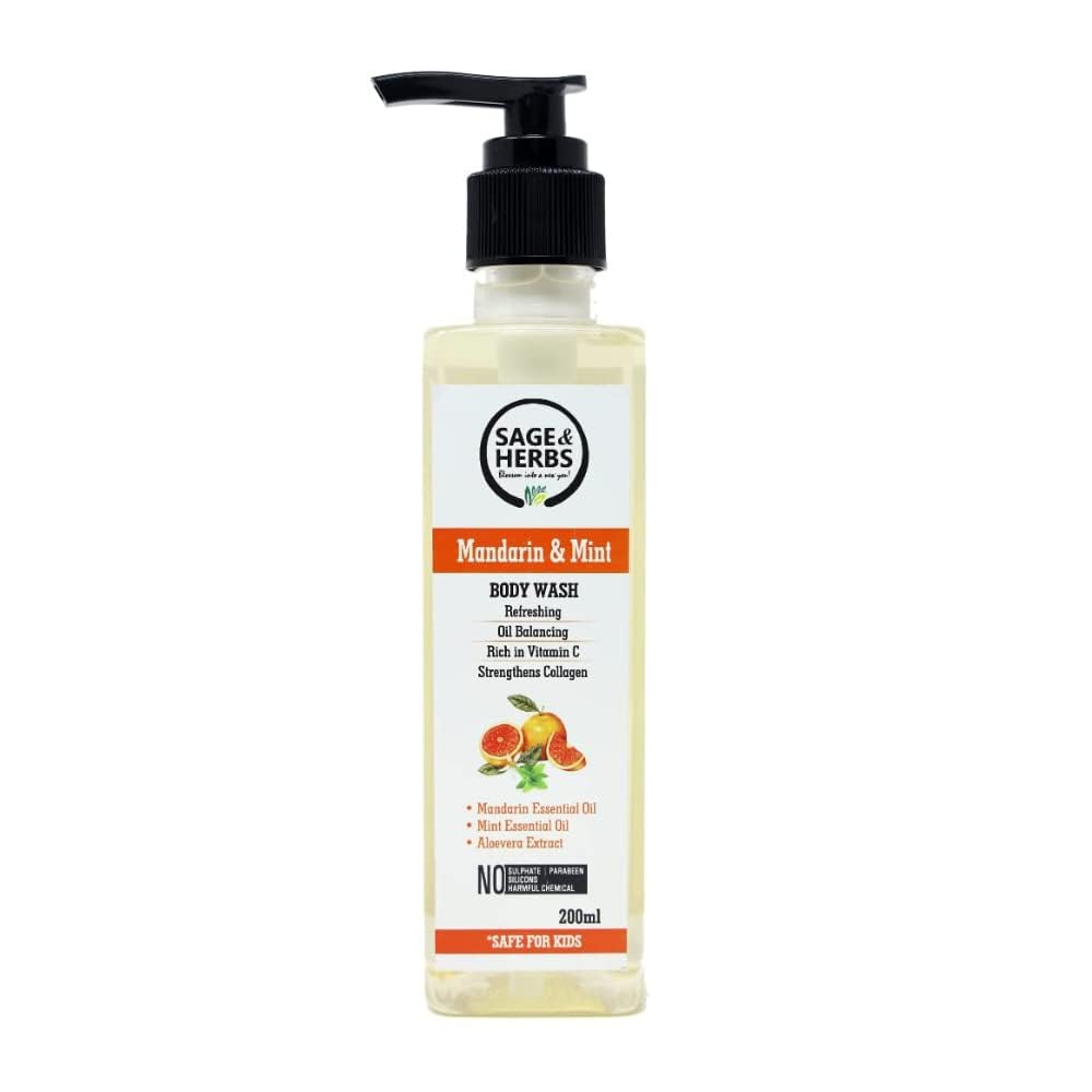 **Sage & Herbs Natural Bath Essential Mandarin & Mint Body Wash - Soothing & Hydrating for All Skin Types | Paraben-Free, Soap-Free | Perfect for Relaxing Showers & Spa Days**