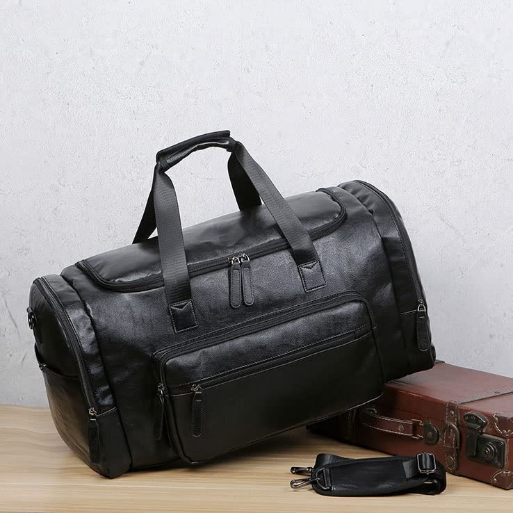Premium Leather Gym Bag for Men - Waterproof Sports Duffle with Separate Shoe Compartment - Ideal for Fitness, Yoga, Travel & Workout (Black, 55x30x25cm) - Perfect for Gym Sessions, Weekend Getaways & Sports Training