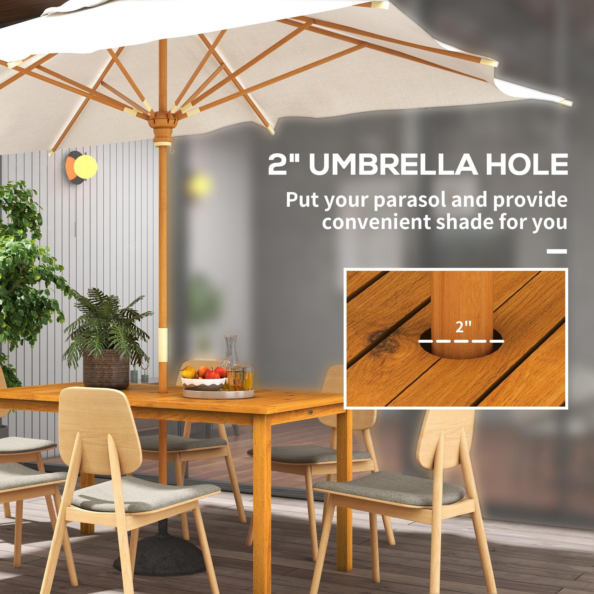 Outsunny 6-Person Rectangle Patio Dining Table with Umbrella Hole - Acacia Wood Outdoor Table for Garden, Backyard, Deck - Perfect for BBQs, Family Gatherings & Outdoor Entertaining