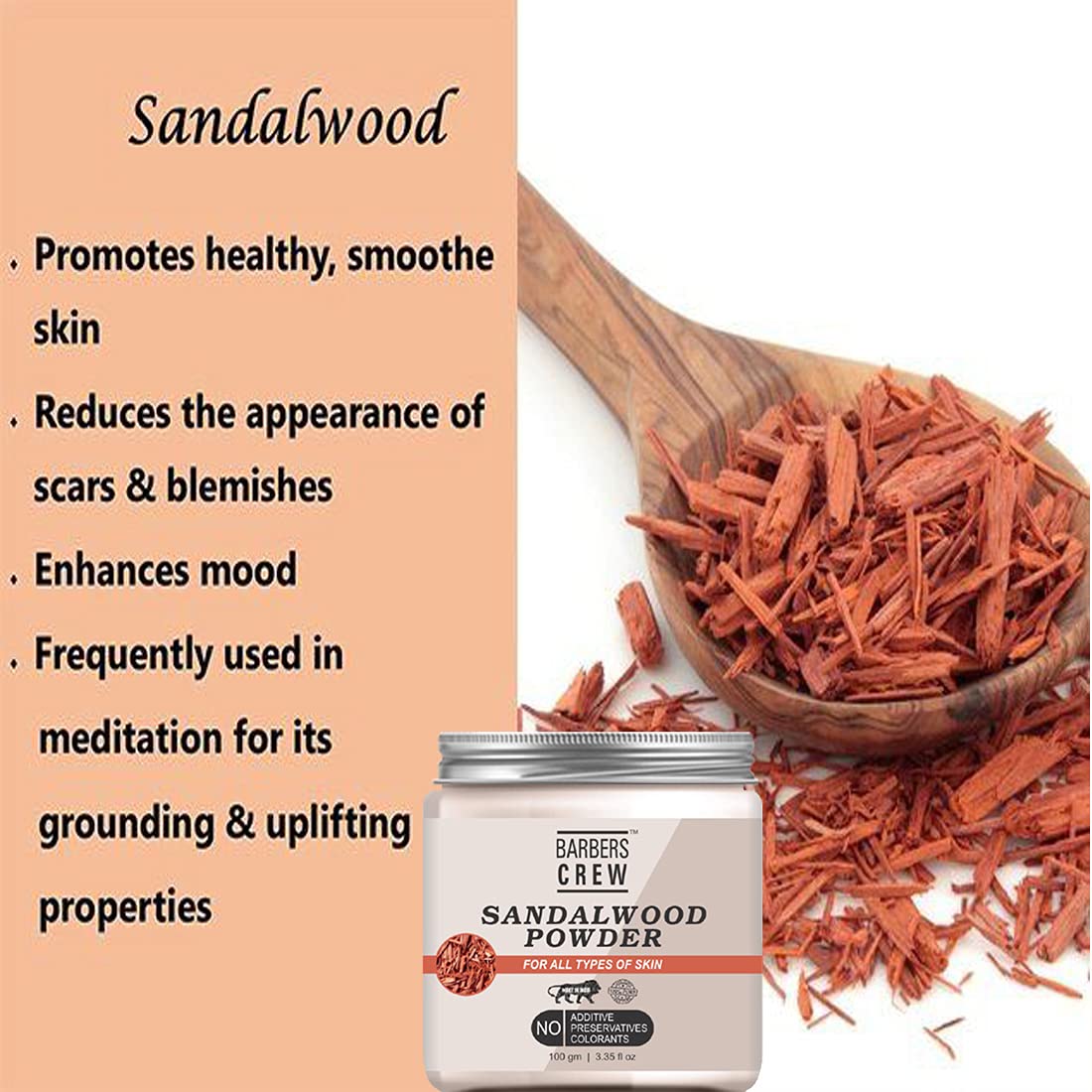 Barbers Crew Natural & Organic White Sandalwood Powder for Face & Hair Care - 100g | Ayurvedic Skin Brightening & Scalp Treatment for Glowing Complexion & Healthy Hair Growth