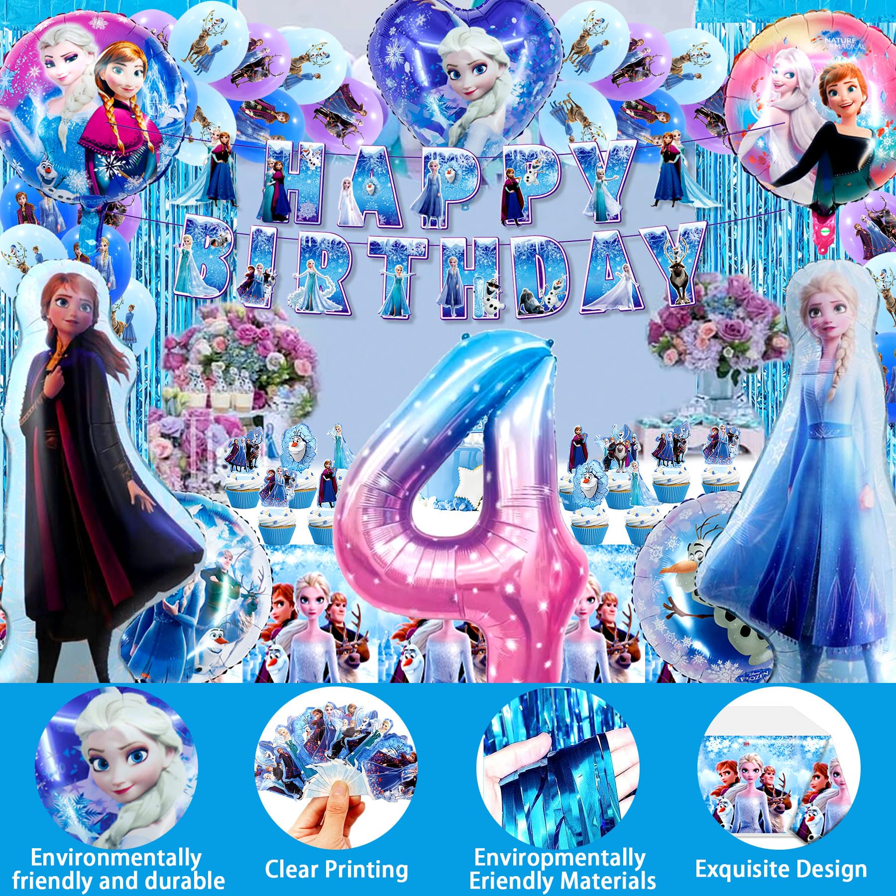 Frozen Birthday Balloon Kit for Girls - 4th Birthday Party Decorations with 3D Aluminum Balloons, Cake Toppers & Elsa Themed Supplies | Perfect for Frozen Themed Parties, Princess Celebrations & Disney-Inspired Decor