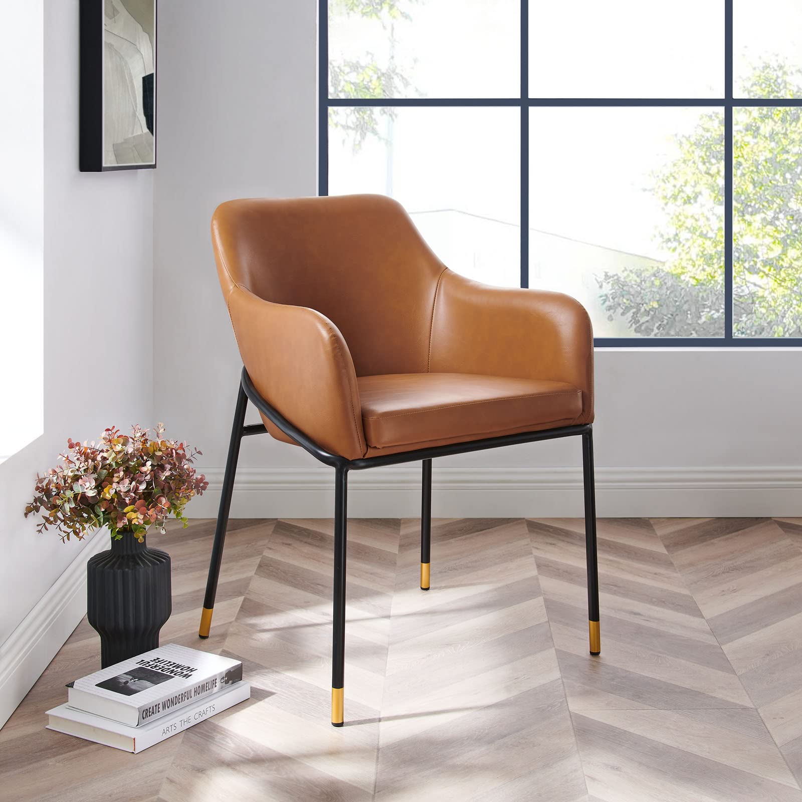 Modway Jovi Vegan Leather Dining Chair - Black & Tan | Modern Kitchen & Dining Room Furniture for Home & Office Use