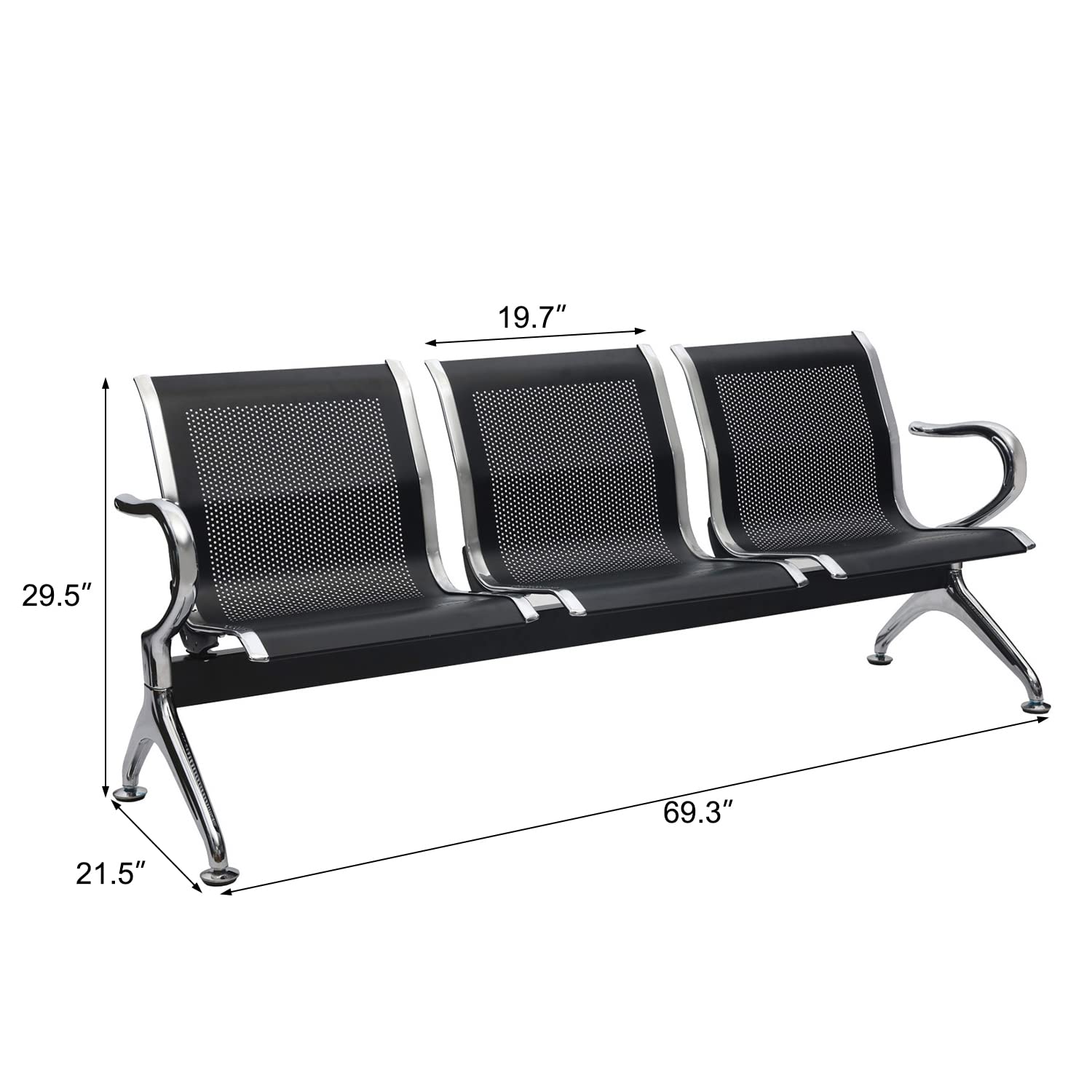 3-Seat Waiting Room Chairs with Arms - Durable Reception Bench for Airport, Hospital, Bank & Lobby - Comfortable Guest Seating for Waiting Areas, Schools & Barbershops (Black) - Perfect for High-Traffic Public Spaces & Commercial Environments