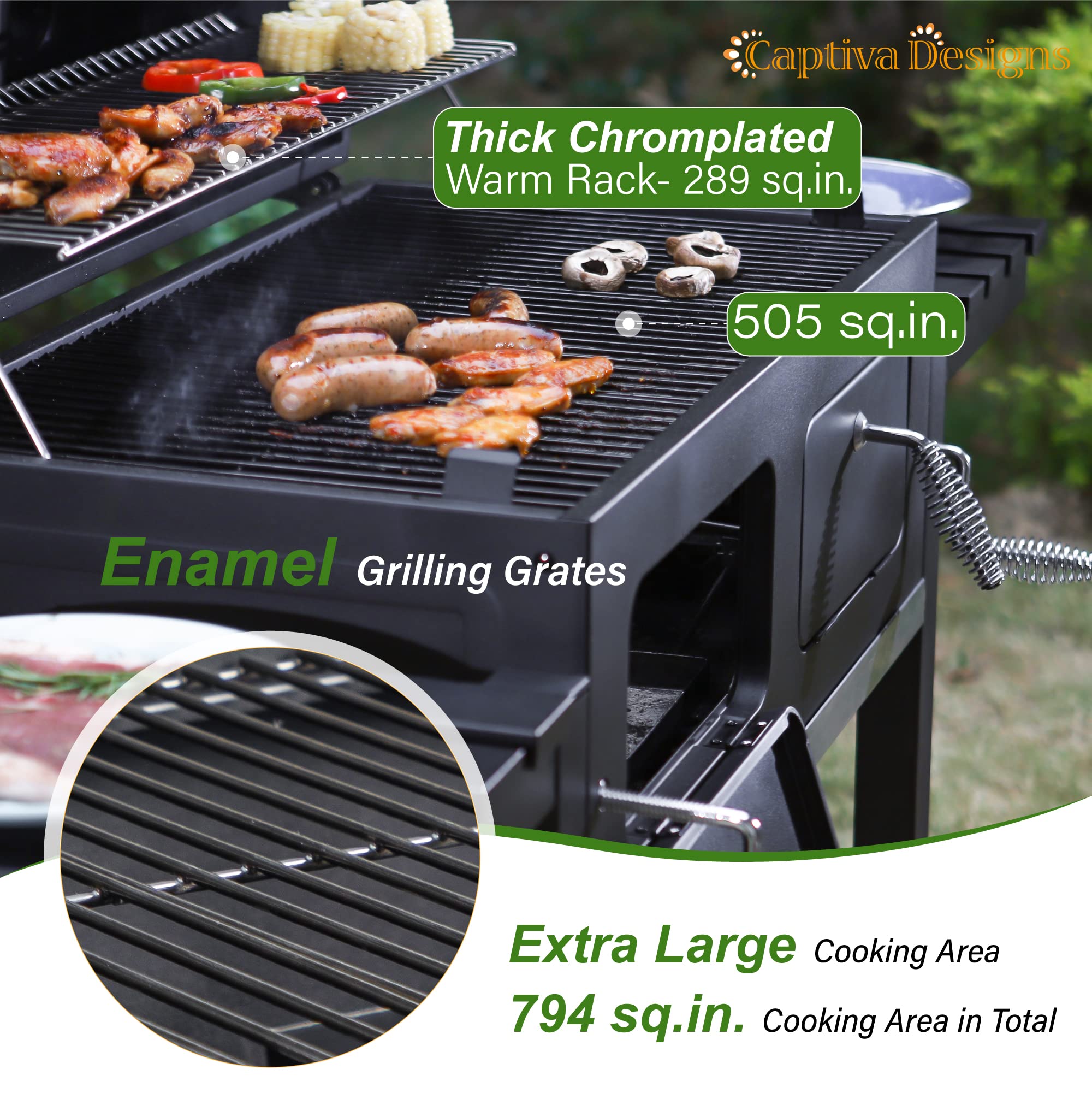 **Captiva Designs Extra Large Charcoal BBQ Grill – 794 SQIN Oversized Cooking Area, 2 Liftable Charcoal Trays & Foldable Side Tables – Perfect for Backyard BBQs, Camping & Outdoor Parties**